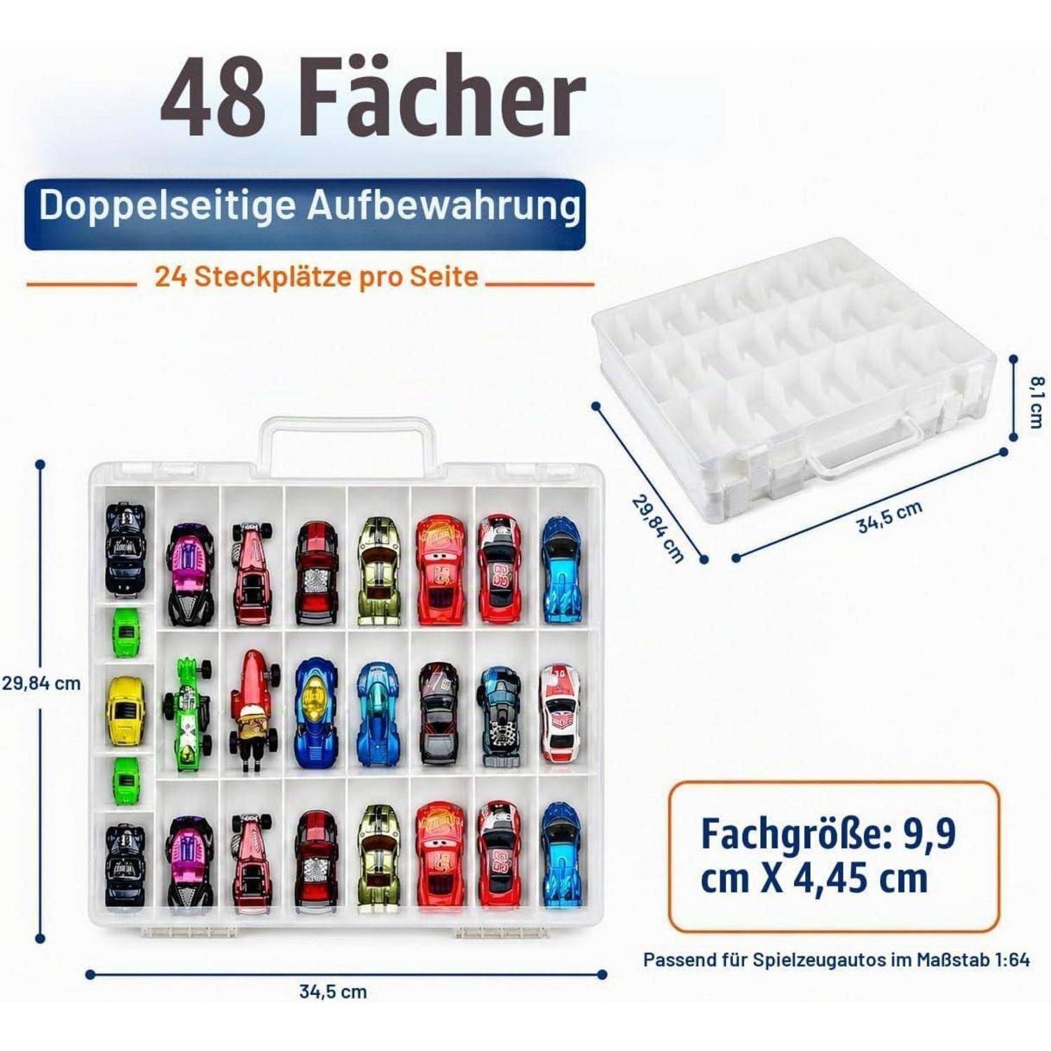 Werbung für einen beidseitigen Aufbewahrungskoffer für 48 Spielzeugautos, mit 24 Steckplätzen pro Seite; zeigt Abmessungen von 34,5 x 29,84 x 8,1 cm und passt für 1:64 Skalaautos.