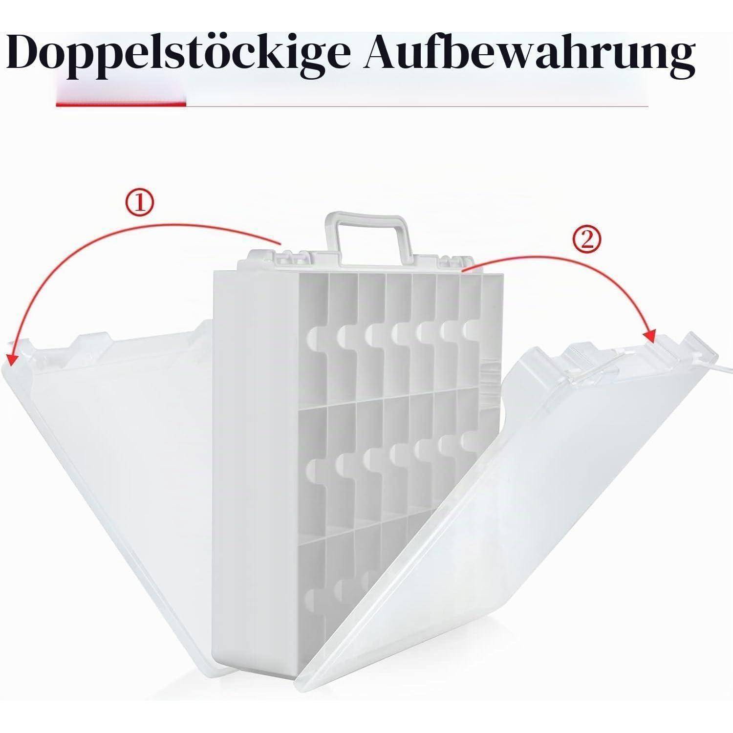 Illustration eines weißen Kunststoff-Transportkoffers mit der Bezeichnung „Doppelstöckige Aufbewahrung
