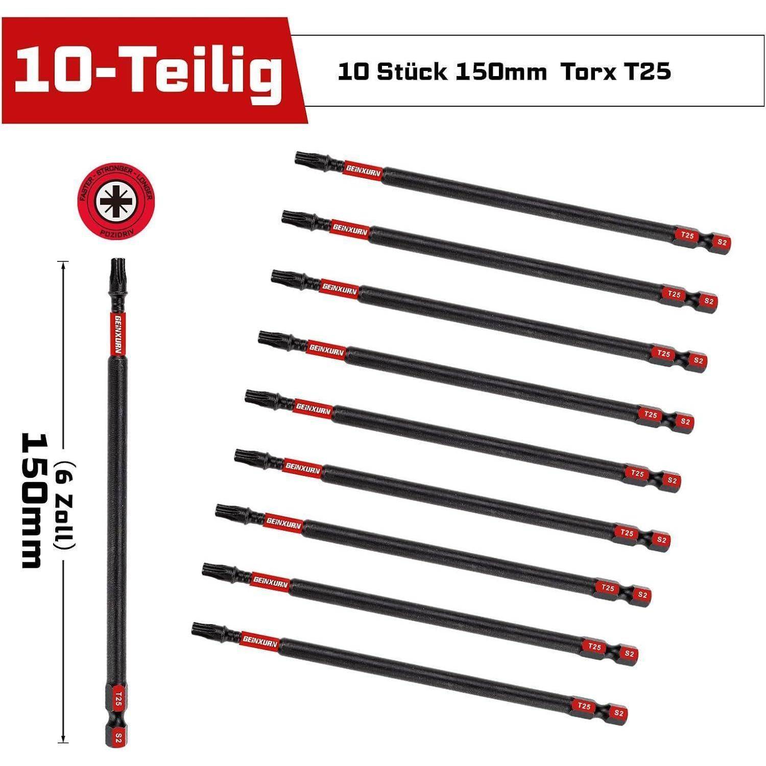 GEINXURN 10 Stück T25 Schlagfester Schrauberbitsatz 150mm Länge Stark Magnetisch #25 Torx Schrauber bit 1/4 zoll Sechskantschaft Antriebsbits, S2 Le