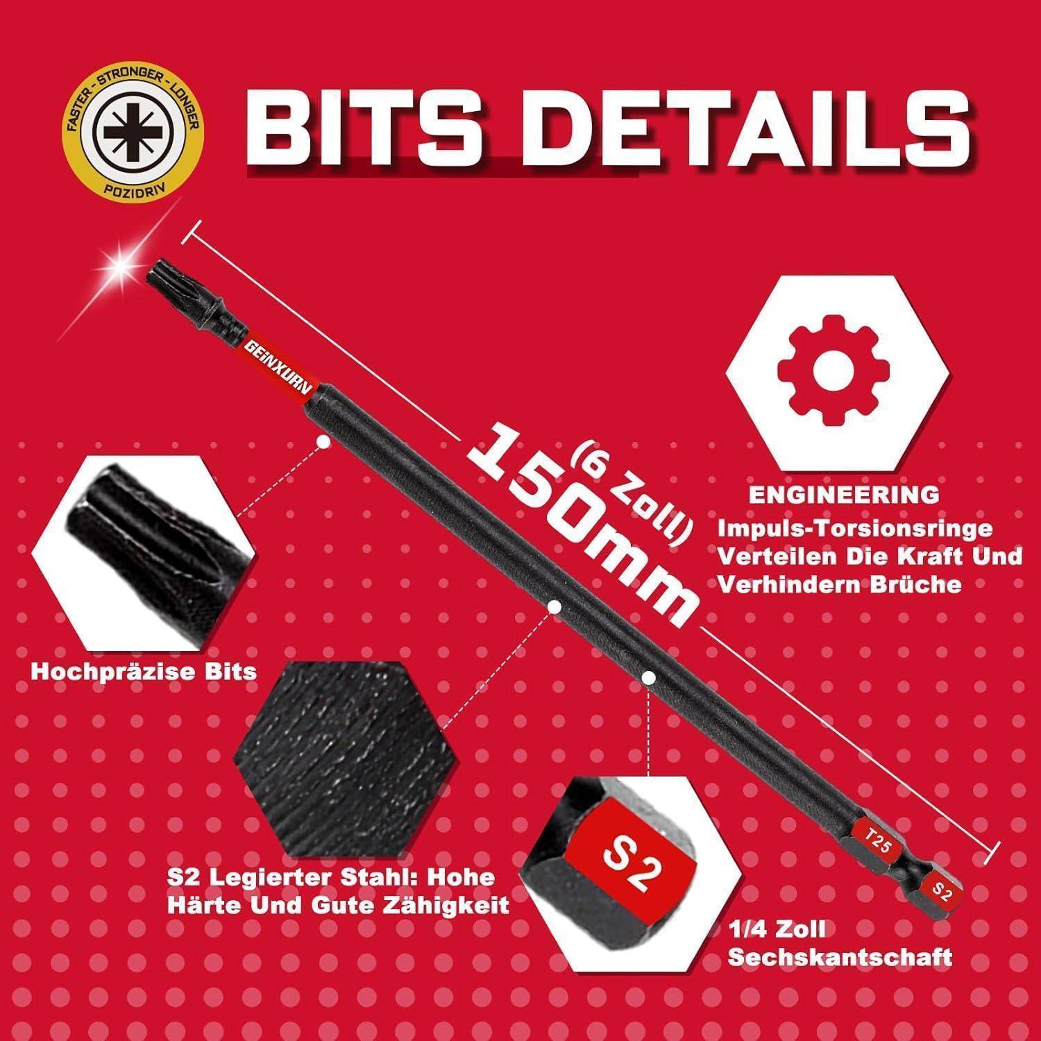 GEINXURN 10 Stück T25 Schlagfester Schrauberbitsatz 150mm Länge Stark Magnetisch #25 Torx Schrauber bit 1/4 zoll Sechskantschaft Antriebsbits, S2 Le