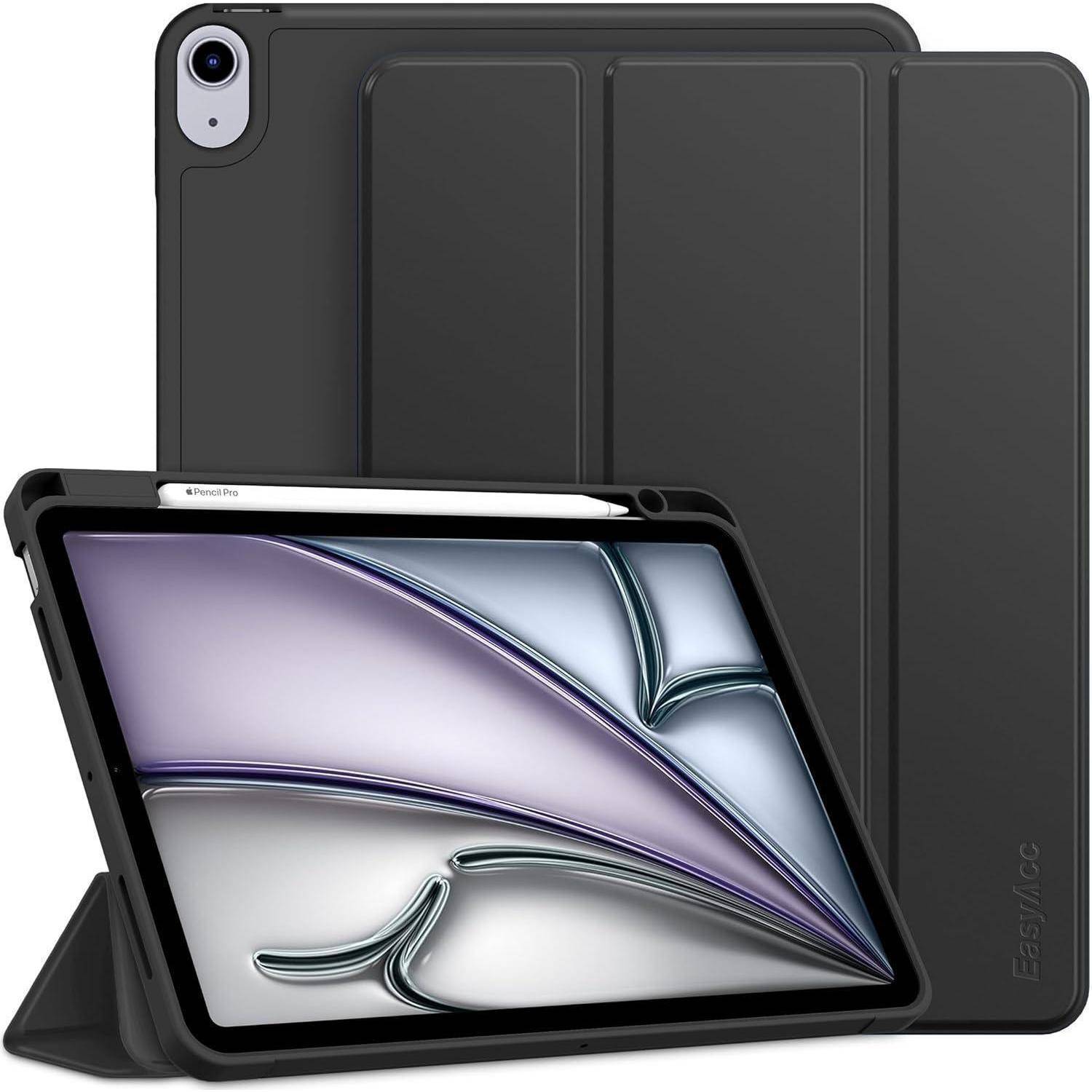 Schwarze Tablet-Folio-Schutzhülle mit Vorderseite, die sich zu einem Ständer faltet, mit einem iPad-ähnlichen Tablet im Querformat.