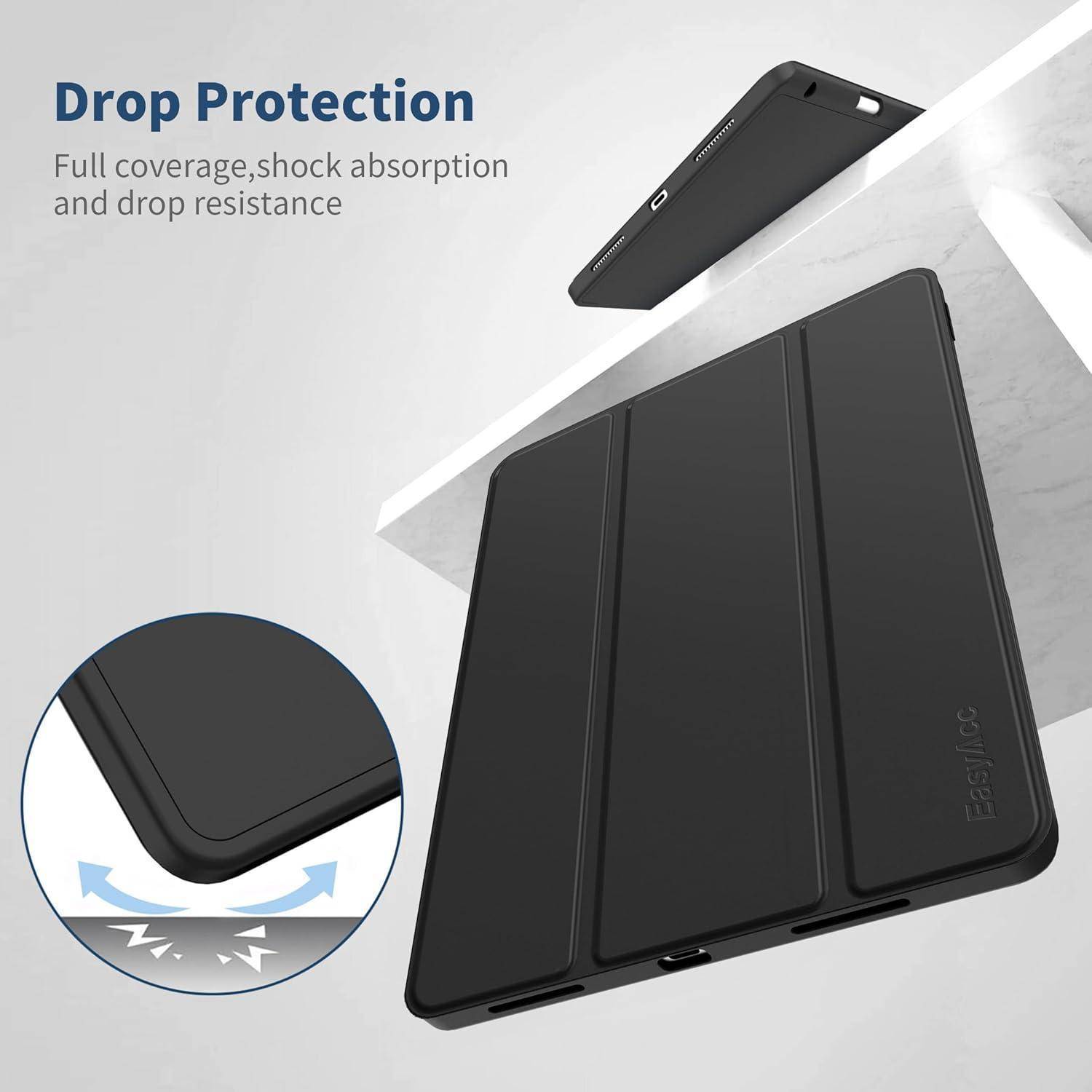 Werbebild einer schwarzen Tablet-Schutzhülle mit der Bezeichnung "Drop Protection"" (Fallschutz), das vollständige Abdeckung, Stoßdämpfung und Fallbeständigkeit mit eingefügtem Eckenedetail zeigt.