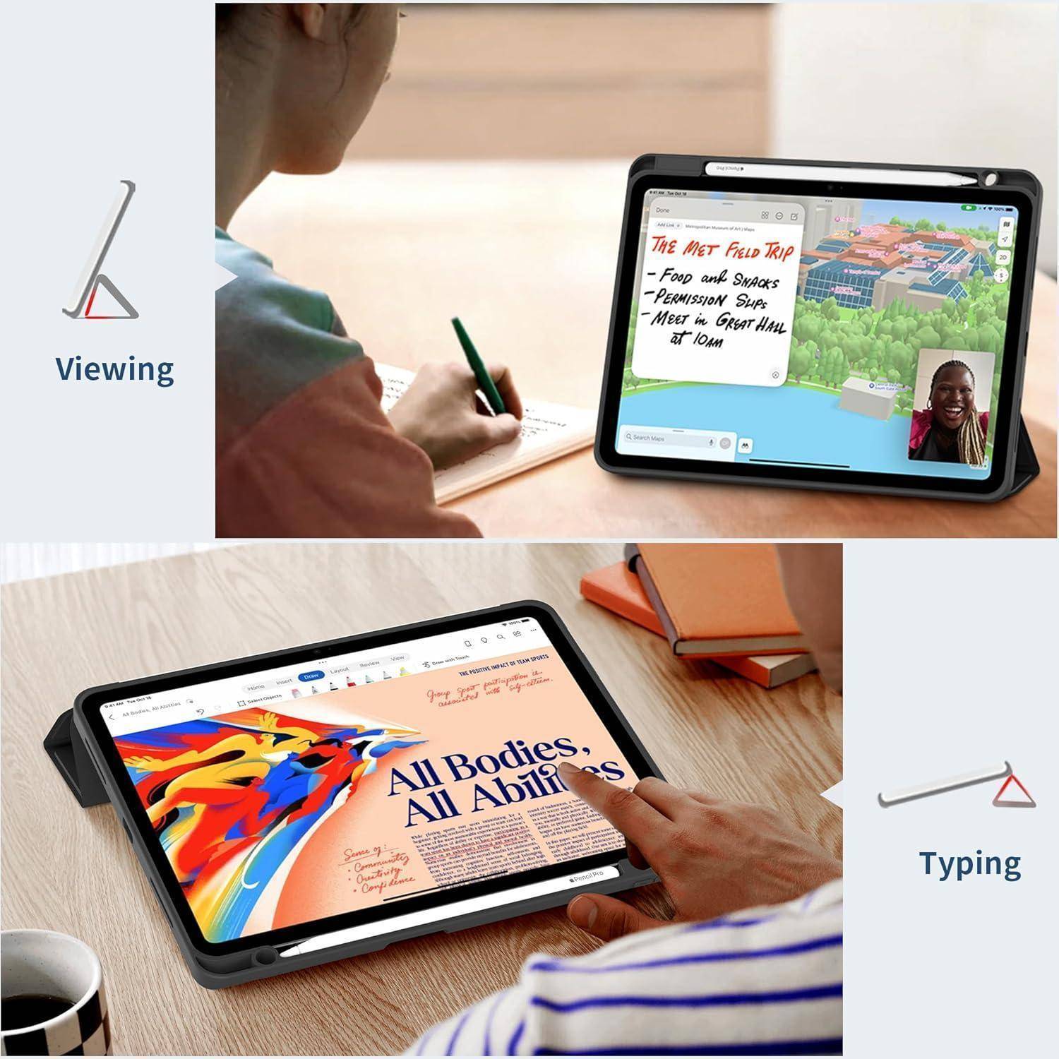 Geteiltes Bild, das oben ein Tablet zum Notizen machen und Ansehen von Videos zeigt und unten eine Person, die an einem farbenfrohen Dokument tippt und bearbeitet.