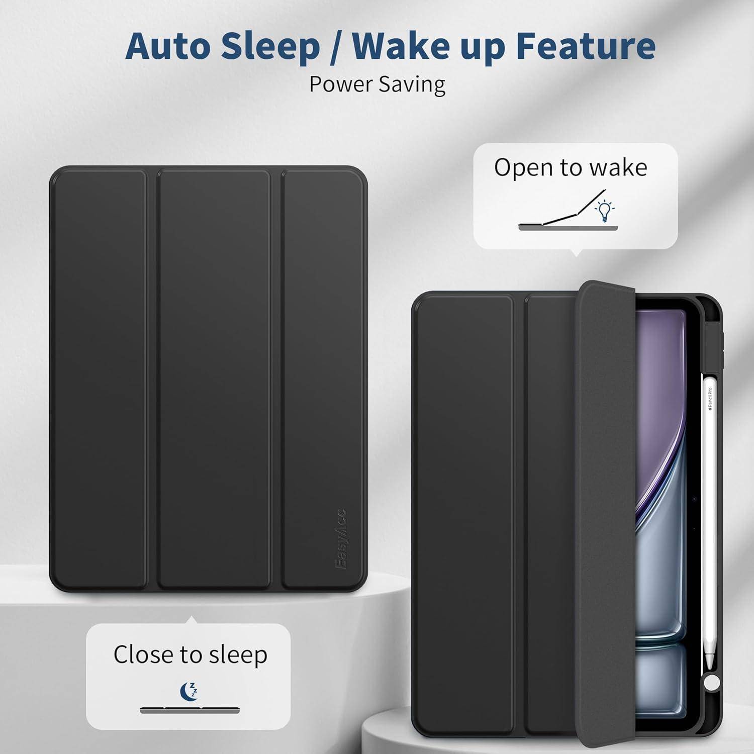 Auto Sleep/Wake-Funktion Grafik mit Tablet-Hülle: Öffnen zum Aktivieren und Schließen zum Deaktivieren, mit der Bezeichnung "Stromsparen"".