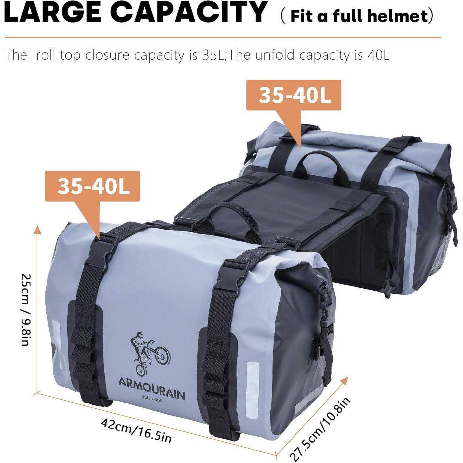 Illustration einer Rolltop-Reisetasche mit großem Fassungsvermögen: passt einen kompletten Helm, 35-40L Kapazität, etwa 42cm x 25cm x 27,5cm.