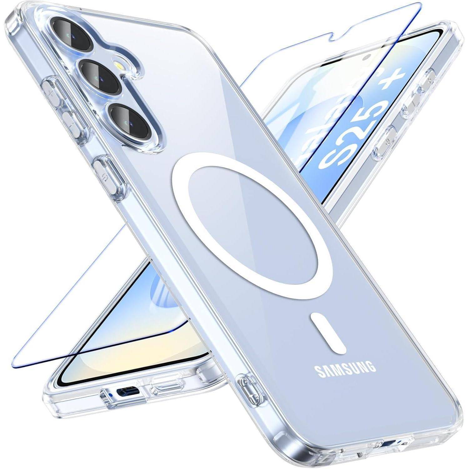 Zwei durchsichtige Samsung-Smartphone-Schutzhüllen überkreuzt dargestellt, mit ringförmigen MagSafe-ähnlichen Ringhalterungen und Kameraausschnitten auf weißem Hintergrund.