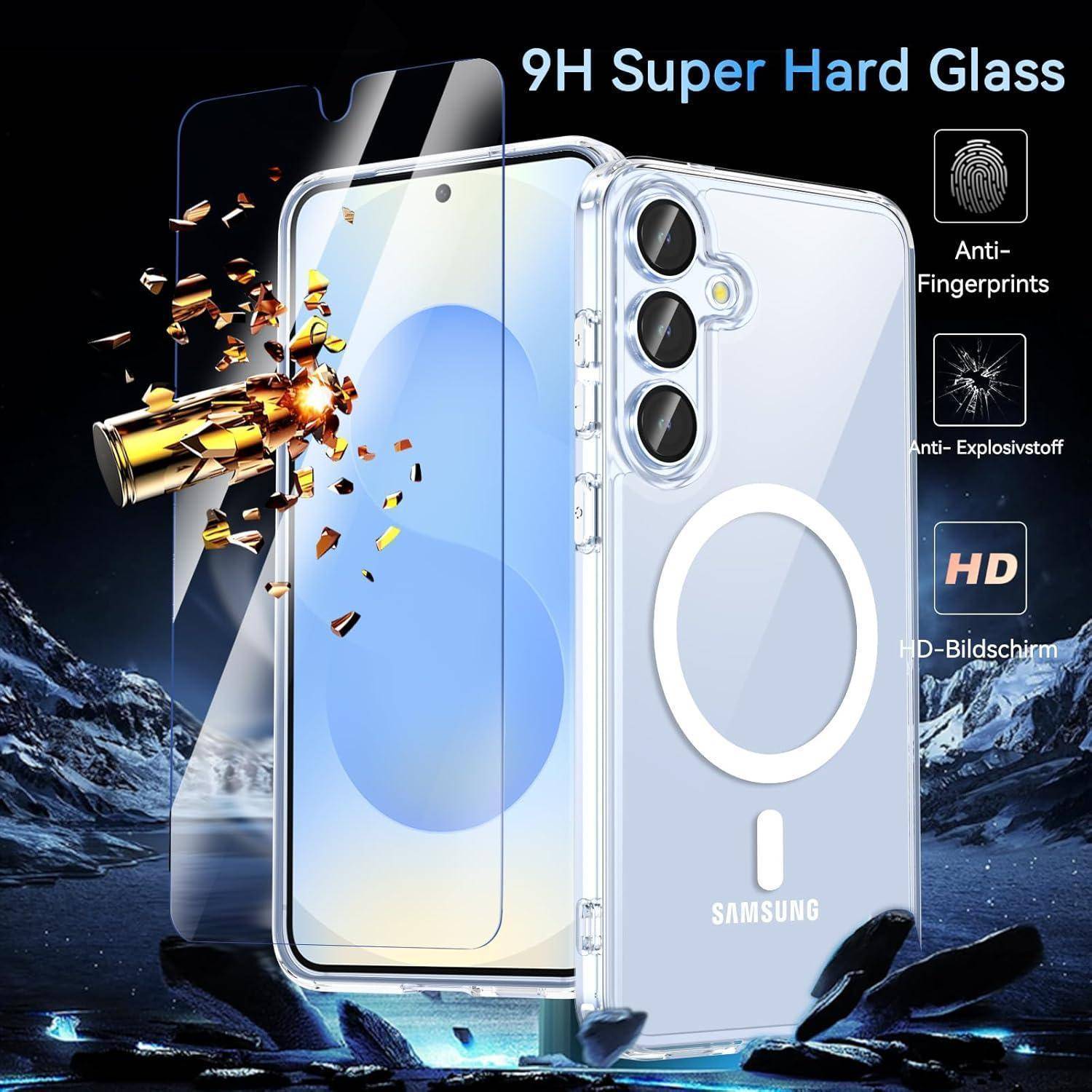 Werbebild einer Samsung-Handyhülle und 9H-Displayschutzfolie aus gehärtetem Glas mit Stoßfestigkeit, Fingerabdruckschutz und HD-Display-Eigenschaften.