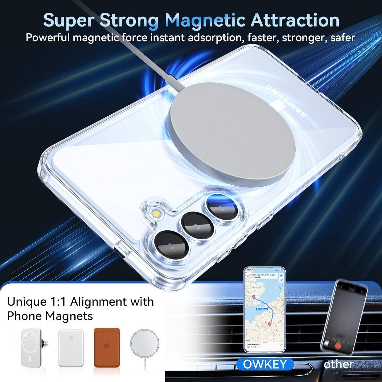 Werbegrafik eines Handyhüllendesigns mit einem kreisförmigen Magnetring, die „Super starke magnetische Anziehung