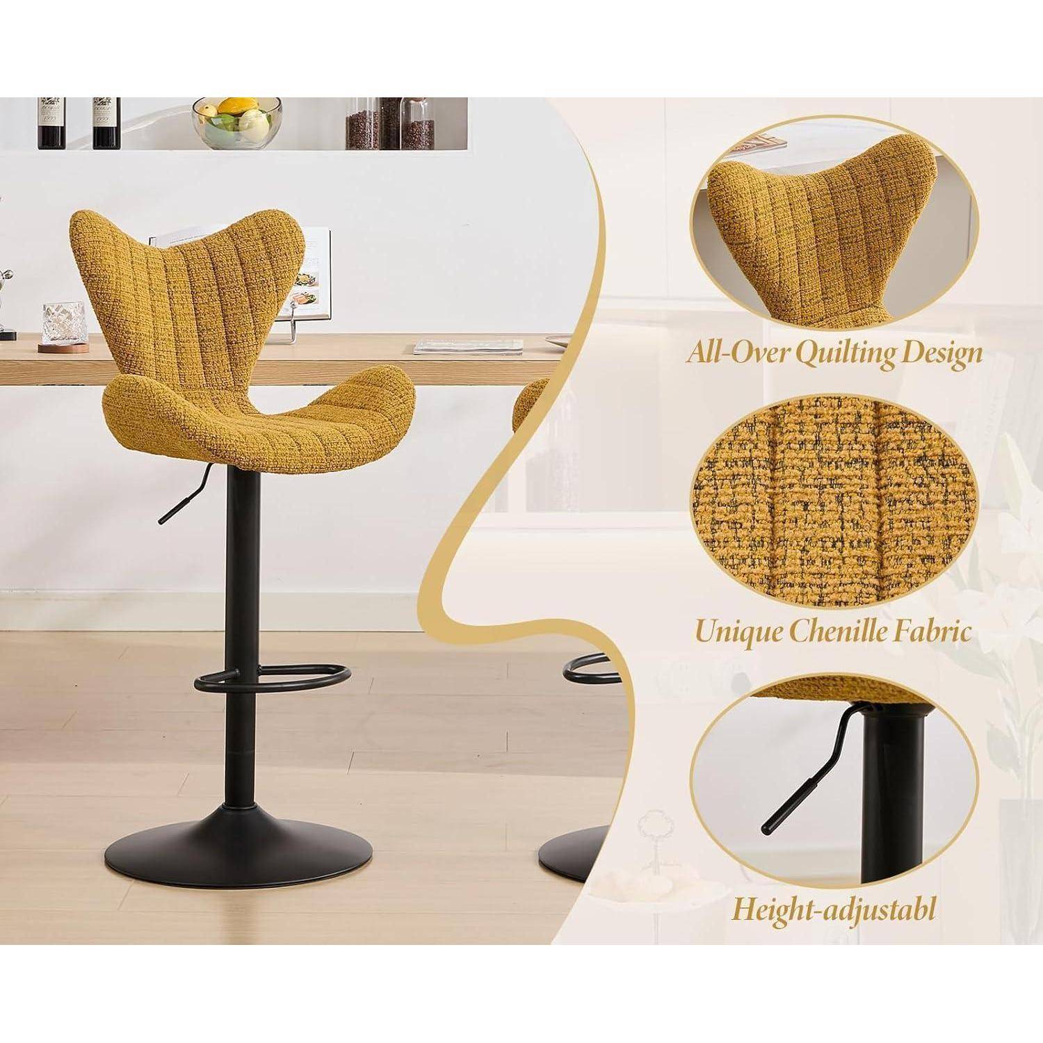 Moderne Barhocker 4er Set, Höhenverstellbar 360°Drehbar Barstühle Küchenstühle mit Stepp-Rückenlehne aus Chenille, Bar Stool für Theke Küche B