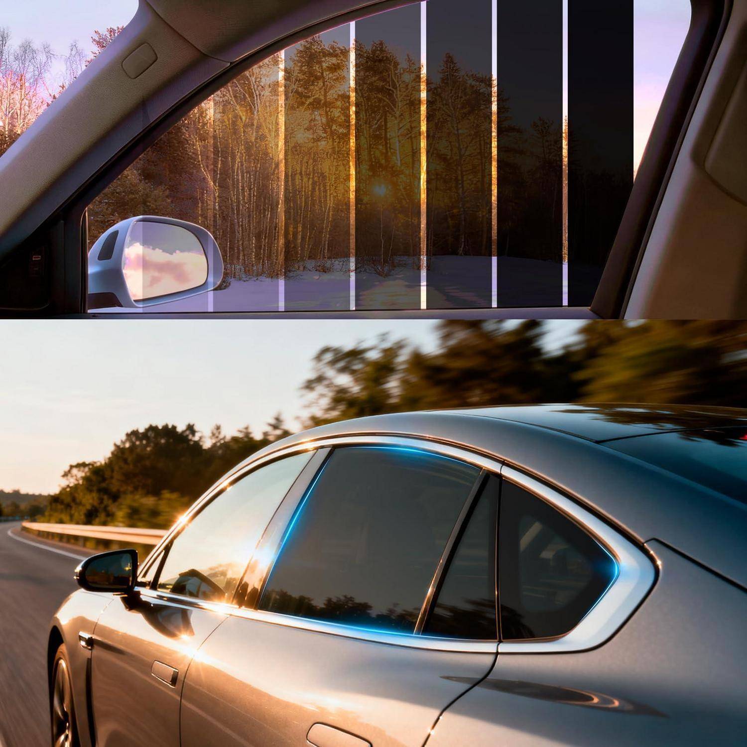 Collage aus einem Autoseitenfenster mit einer undurchsichtigen Smart-Glass-Tönung, die von klar zu dunkel wechselt, und einer Limousine, die bei Sonnenuntergang auf einer Straße fährt.