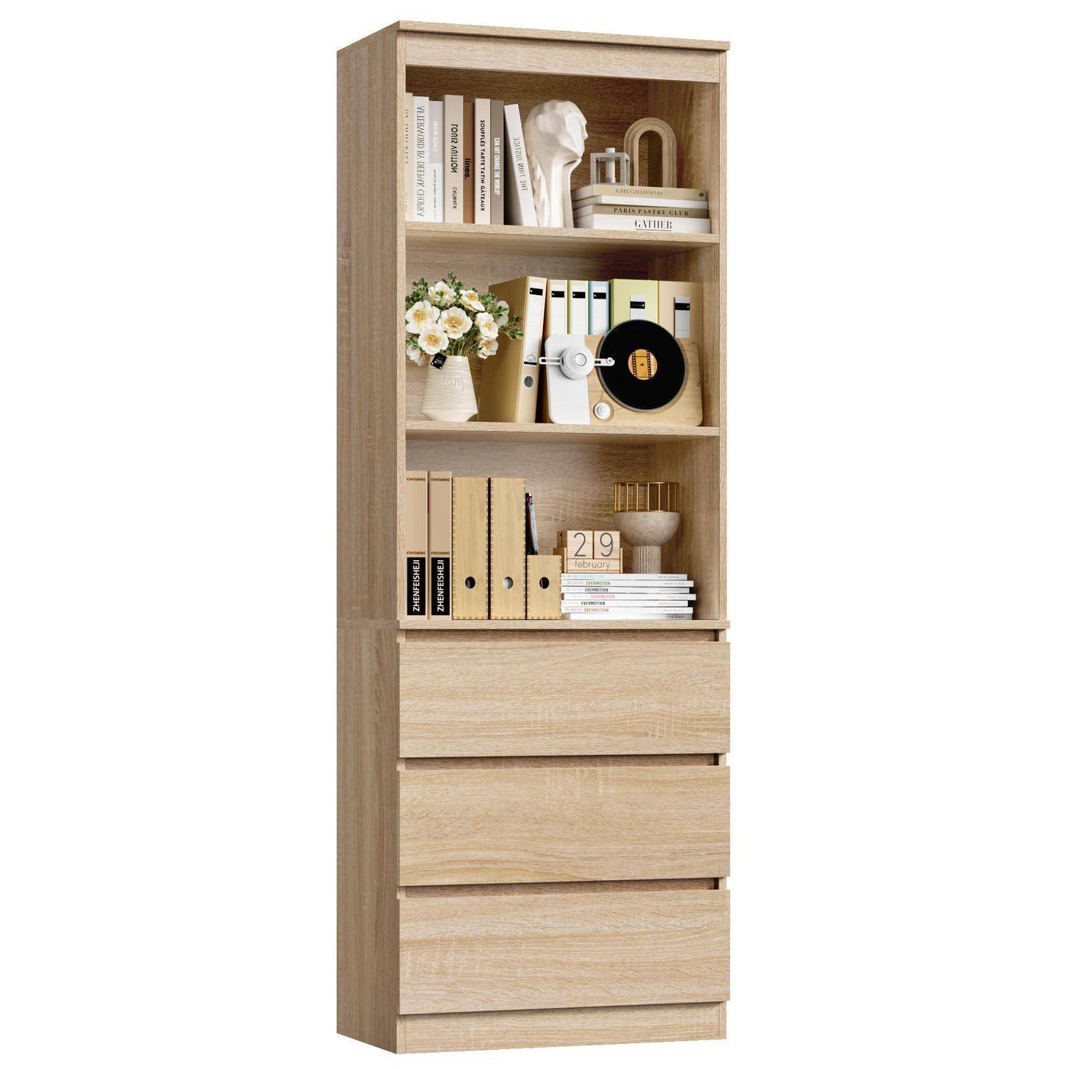 Helles Holz-Bücherregal mit offenen Regalen, die Bücher, Deko, Blumen und eine Schallplattenvitrine behalten, sowie drei große Schubladen unten.