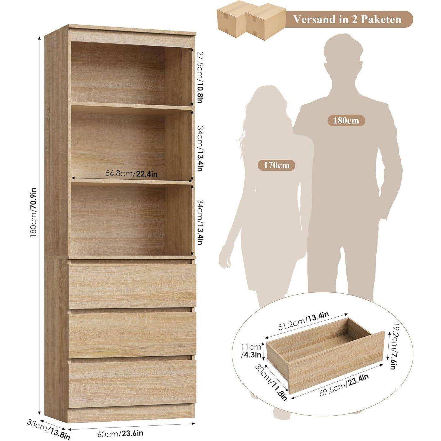 Produktdiagramm eines Holzschranks: 180 cm hoch, 60 cm breit, mit Regalen und Schubladen, gezeigt in zwei Paketen und dimensioniert für Personen von 170 cm und 180 cm Größe.