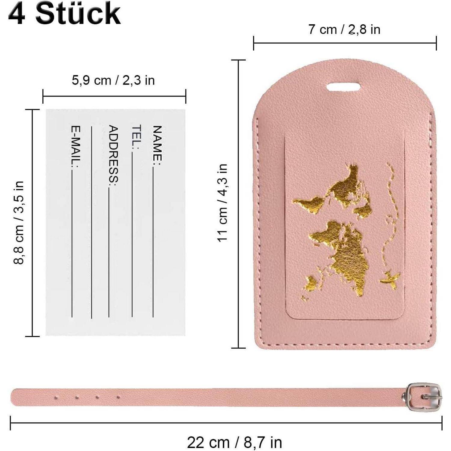 Produktbild von 4 rosa Koffern mit Riemen, Abmessungen angegeben: Etikett 11 x 7 cm, Einsatz 8,8 x 5,9 cm, Riemen 22 cm.