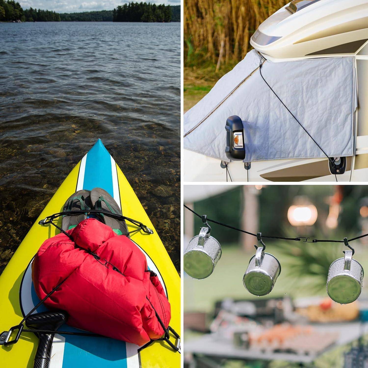 Collage von Outdoor-Ausrüstung: Kajak mit rotem Schlafsack an einem See, Wohnwagen-Markise und hängende Laternen mit Lichterketten auf einem Campingplatz.