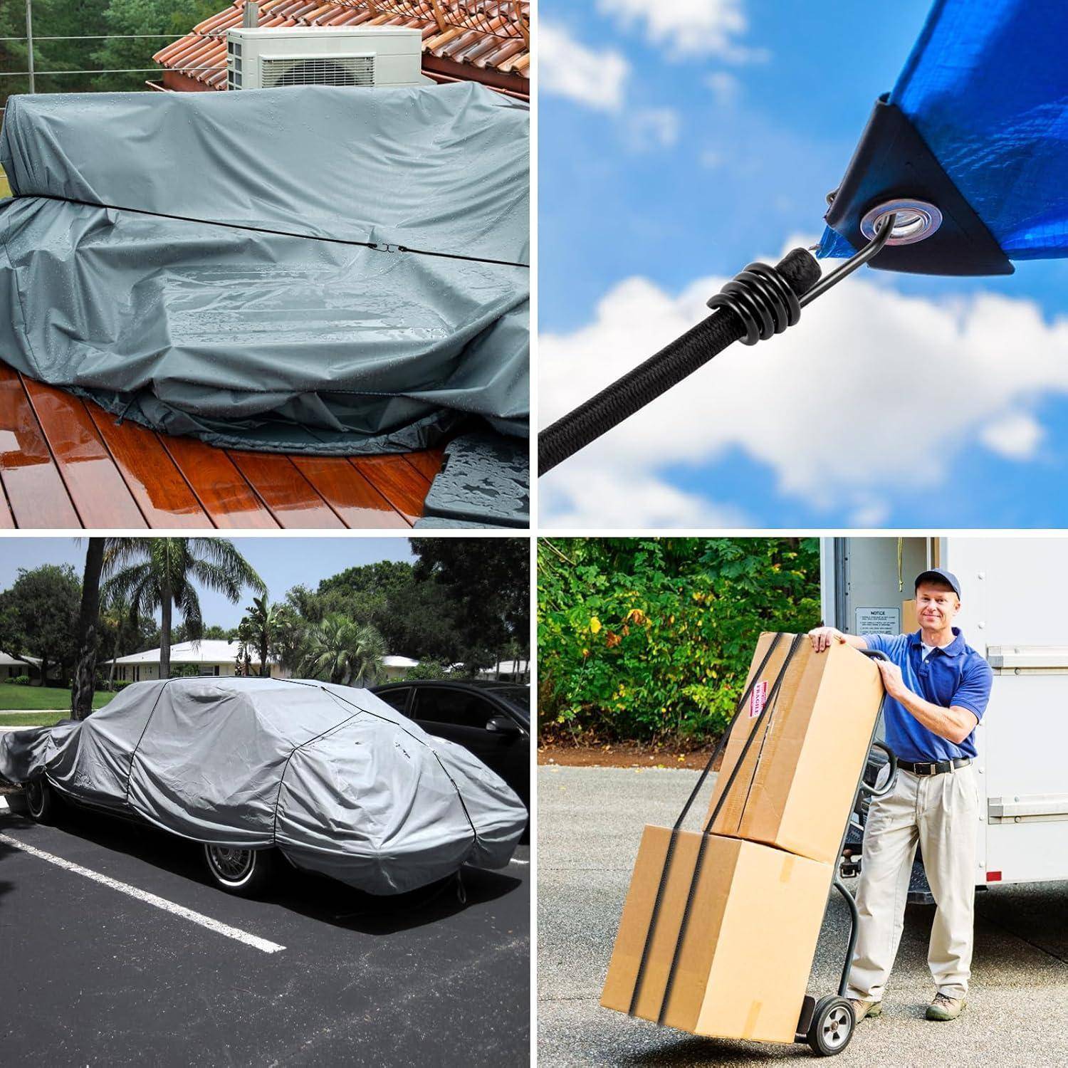 Collage zeigt eine graue Schutzplane, die mit Riemen über einem Terrassenmöbel und einem Auto gesichert ist, eine Nahaufnahme eines Spanngurthakens und einen Umzugshelfer, der ein verpacktes Paket auf einer Handkarre transportiert.