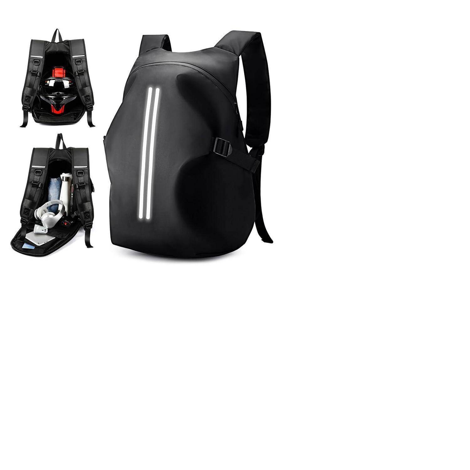 Schwarzer Rucksack mit reflektierenden Vorderstreifen und Seittenreißverschluss, in Detailansichten geöffnet gezeigt, um organisierte Fächer für Elektronik und Ausrüstung zu offenbaren.