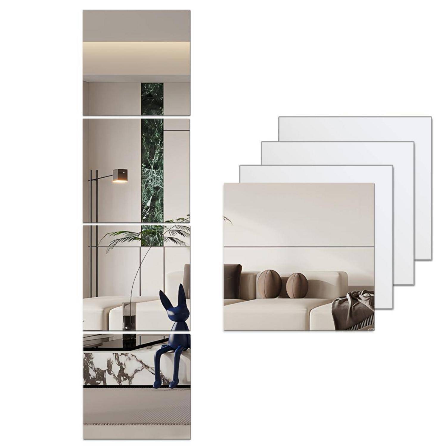 Satz aus modernen dekorativen Wandspiegeln, bestehend aus hohen segmentierten und quadratischen Paneldesigns, die ein minimalistisches Wohnzimmerinterieur widerspiegeln.