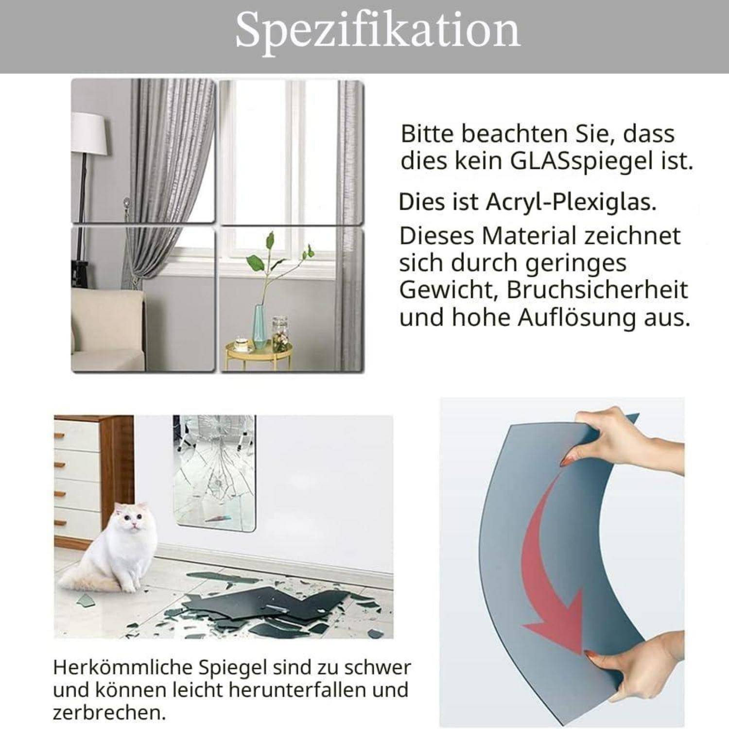 Ganzkörper-Acrylspiegel-Aufkleber für Wände, 4 Stück selbstklebende sichere Plexiglas-Spiegel, bruchsichere wandmontierte aufklebbare Make-up gro