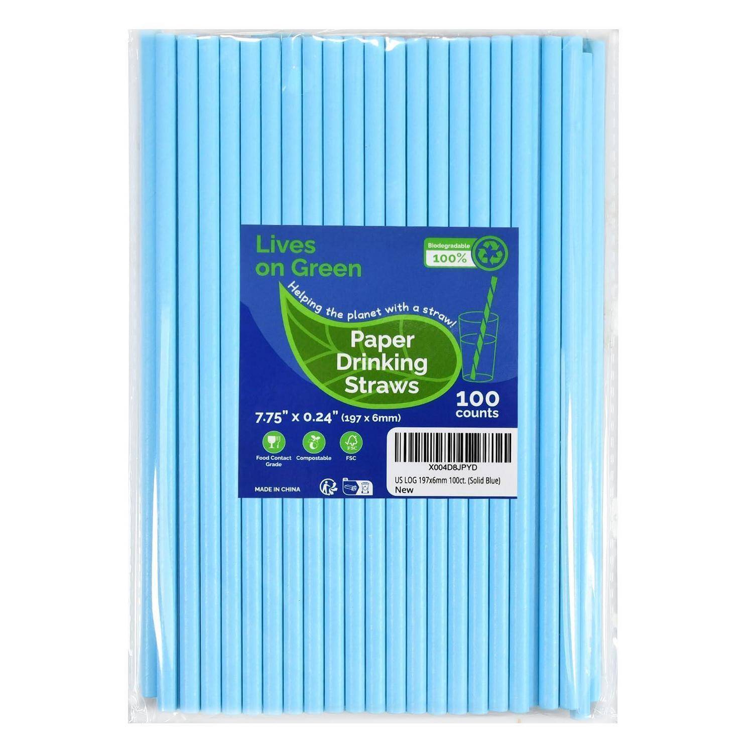 Packung hellblauer Papiertrinkhalme mit der Aufschrift „Lives on Green