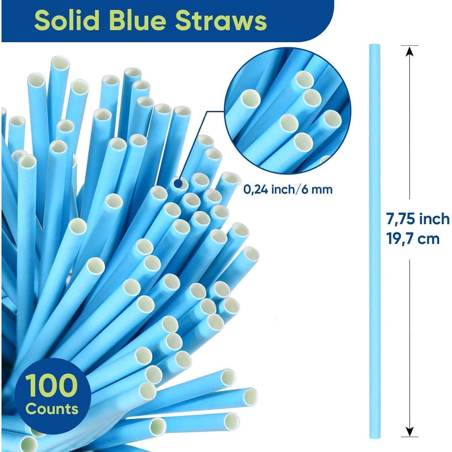 Produktbild von 100 massiven blauen Trinkhalmen, die ihre hohlen Enden und Größe zeigen: 7,75 Zoll (19,7 cm) lang, 0,24 Zoll (6 mm) breit.