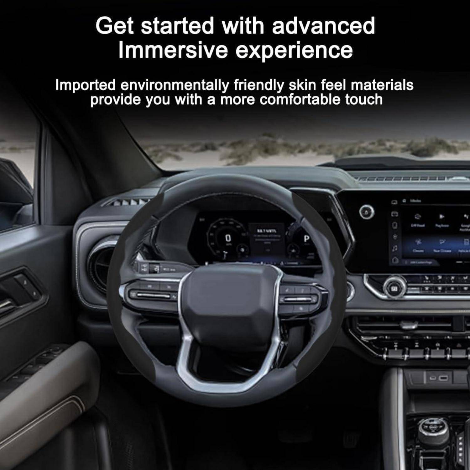 # Autoinnenraum mit Lenkrad und Armaturenbrett; Text besagt "Beginnen Sie mit fortschrittlichem immersivem Erlebnis"" und erwähnt umweltfreundliche Materialien mit hautfreundlichem Gefühl für Komfort.