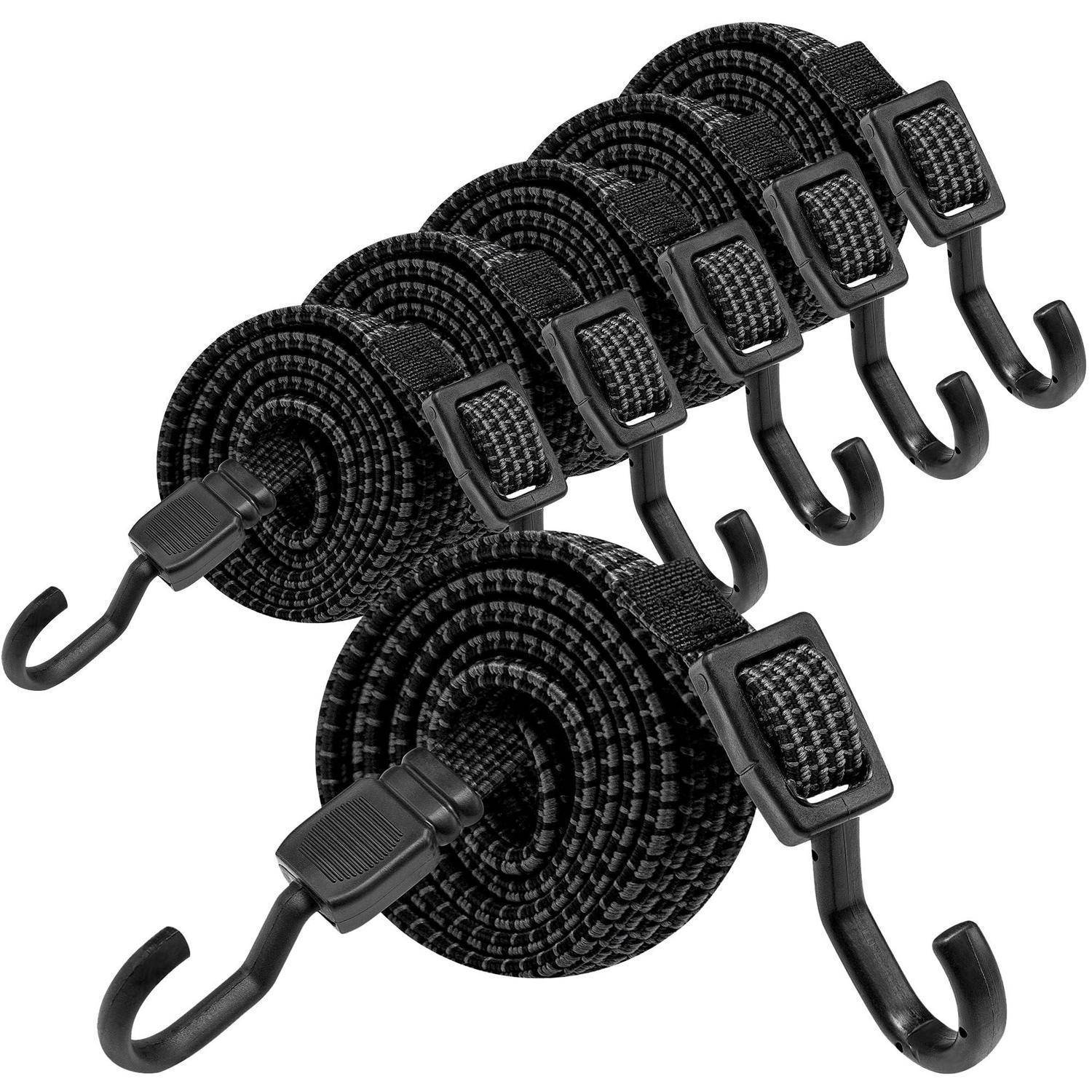 Zwei schwarze verstellbare Riemenhaken mit gewickelten Riemen und Metallhaken, dargestellt als Produkt auf weißem Hintergrund.