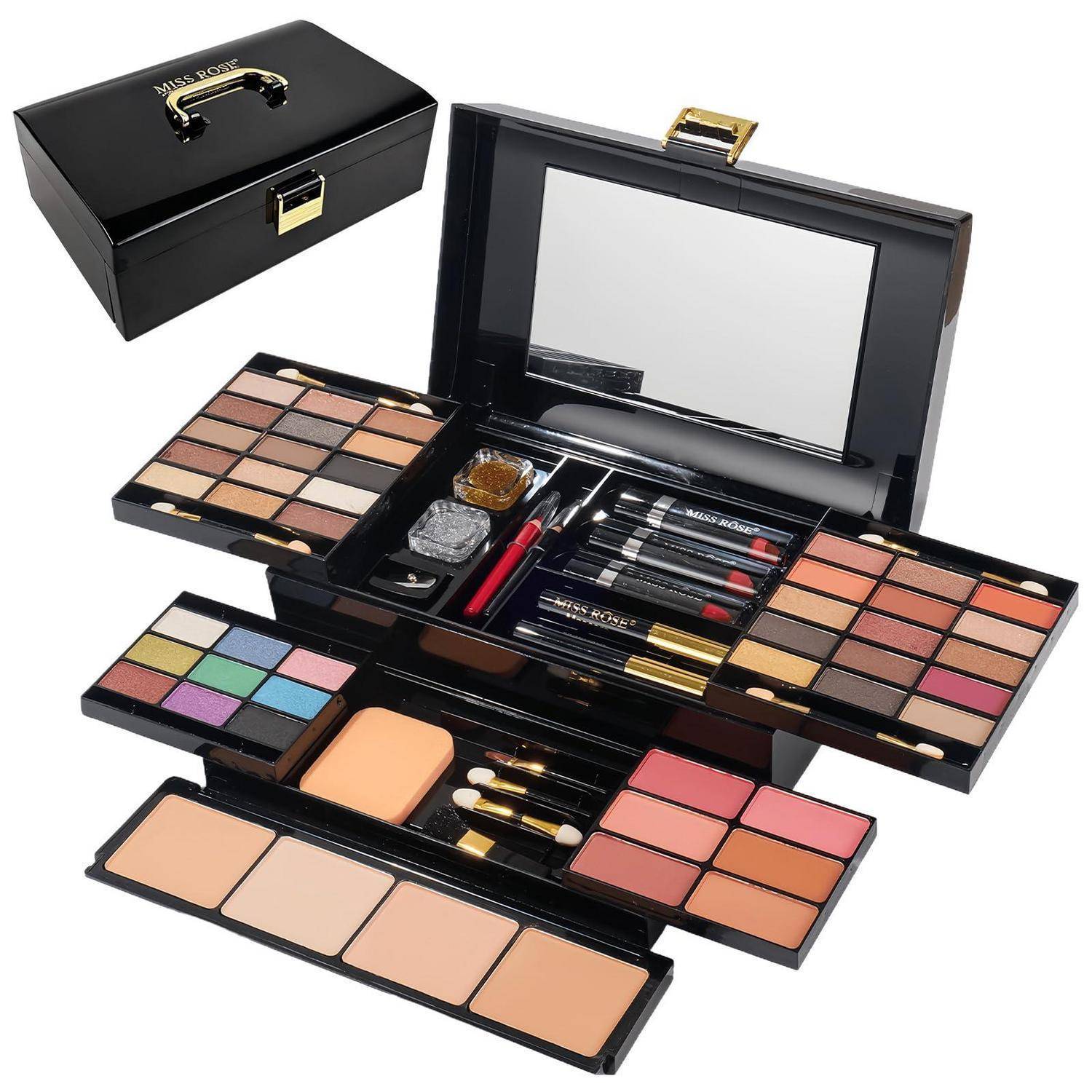 Offenes schwarzes Make-up-Set mit Spiegel, enthaltend Lidschatten, Rouge, Gesichtspuder, Pinsel und Lippenstiftfarben, plus passendes geschlossenes Etui.