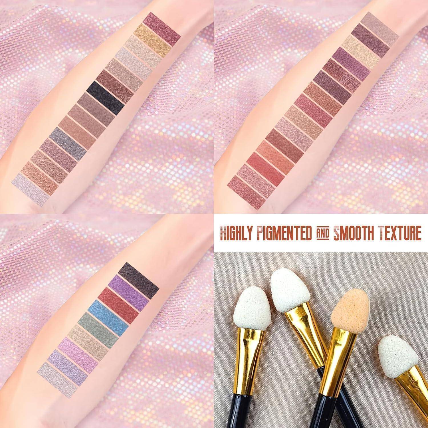 Collage aus Lidschatten-Farbmustern auf Armen mit Make-up-Pinseln und dem Text „HOCHGRADIG PIGMENTIERT UND GLATTE TEXTUR".