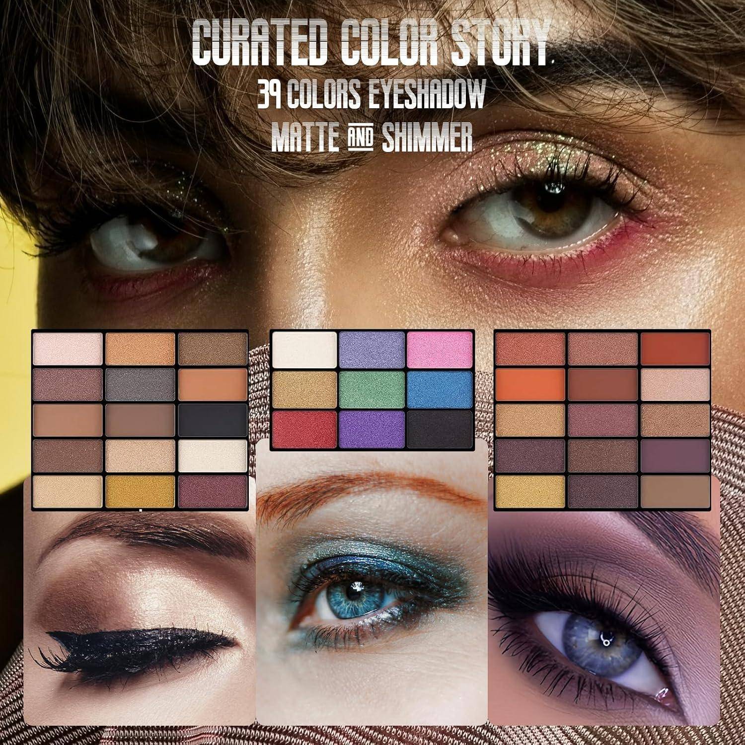 Promotion-Makeup-Bild mit Lidschatten-Looks und drei Farbpaletten unter dem Text „KURATIERTE FARBGESCHICHTE: 39 FARBEN LIDSCHATTEN MATT UND SHIMMER".