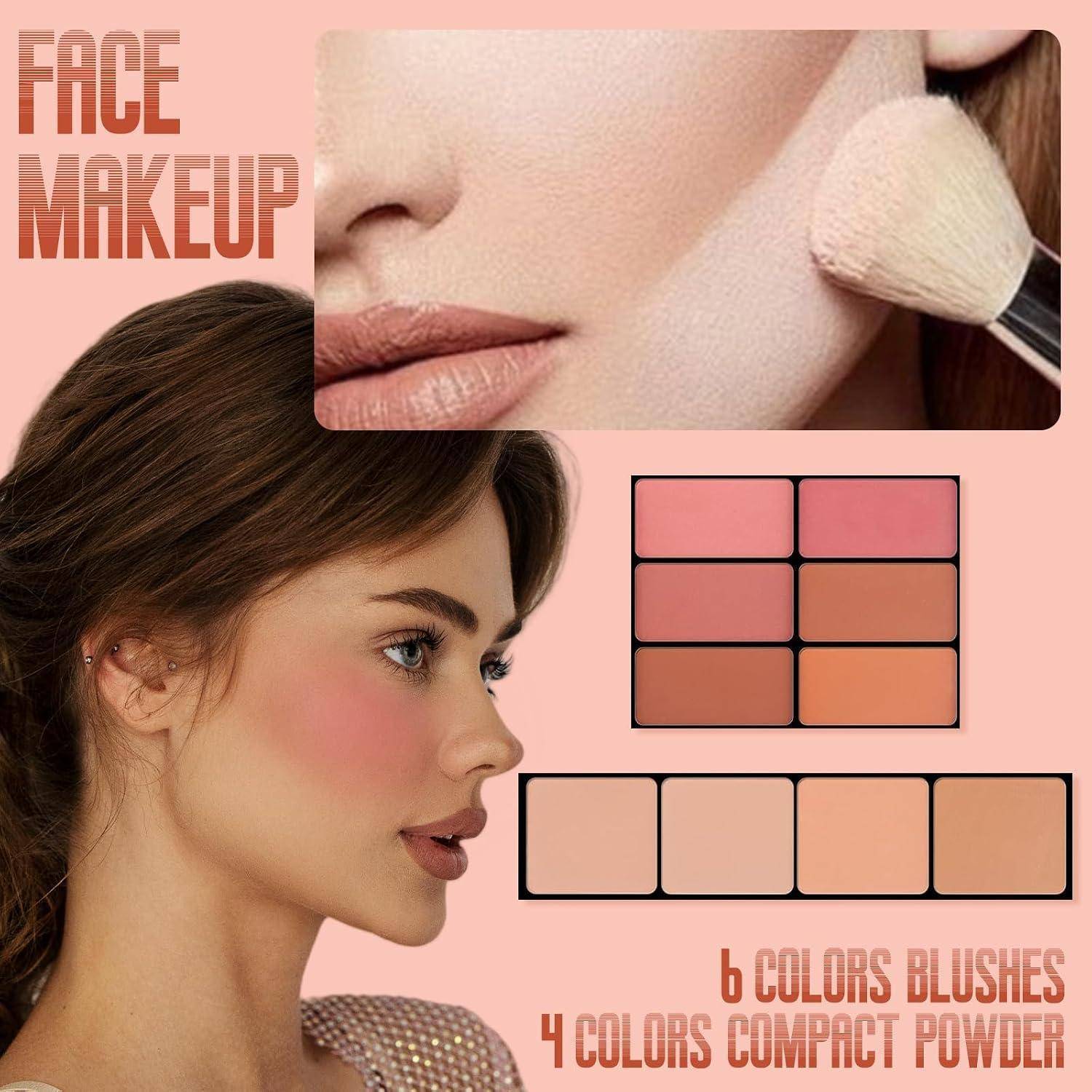Gesichtsmakeup-Promotion mit einer Frau, die Rouge trägt, Farbmuster von kompaktem Puder und einen Pinsel, der Puder aufträgt; der Text lautet „GESICHTSMAKEUP", „ROUGE IN 6 FARBEN"" und „KOMPAKTPUDER IN 4 FARBEN"".