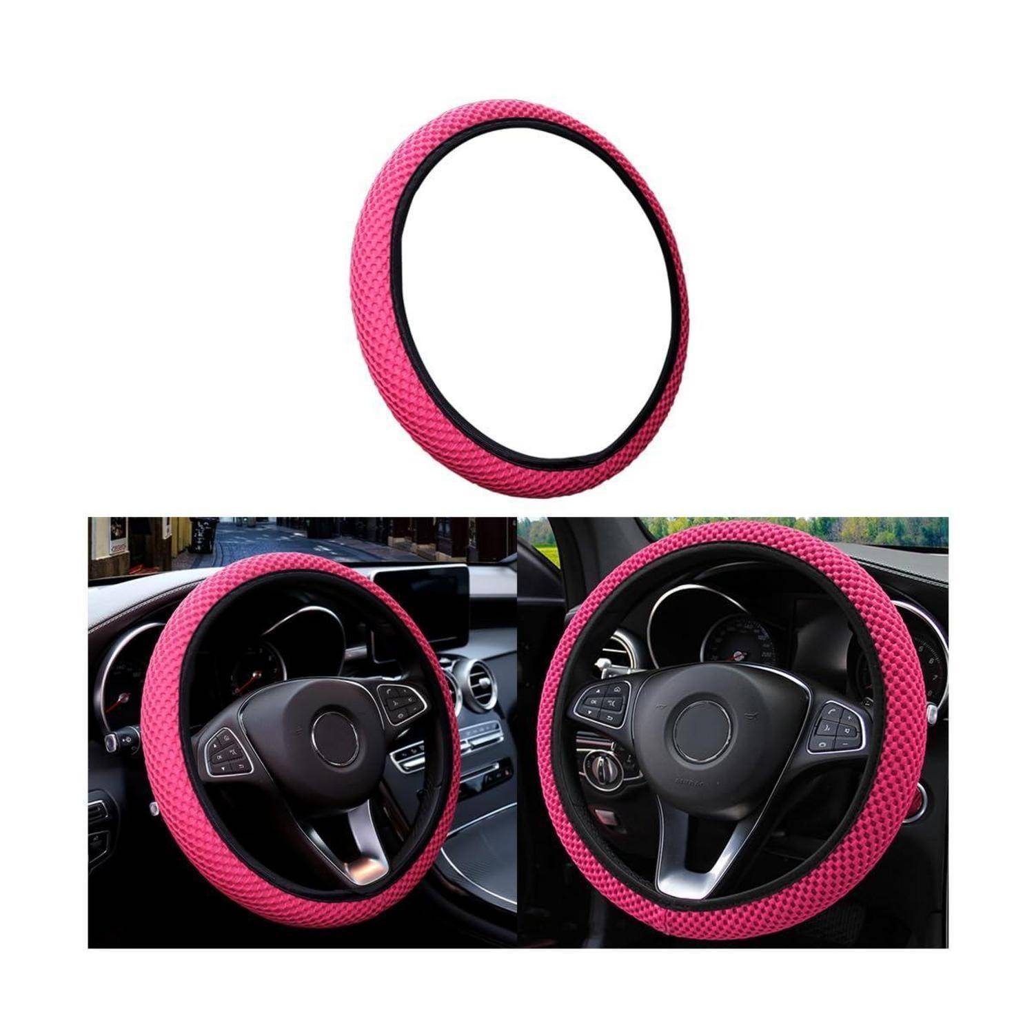Rosa strukturierte Lenkradabdeckung, einzeln dargestellt und auf dem Lenkrad eines Autos montiert, mit zwei installierten Beispielen in einem Fahrzeuginnenraum.