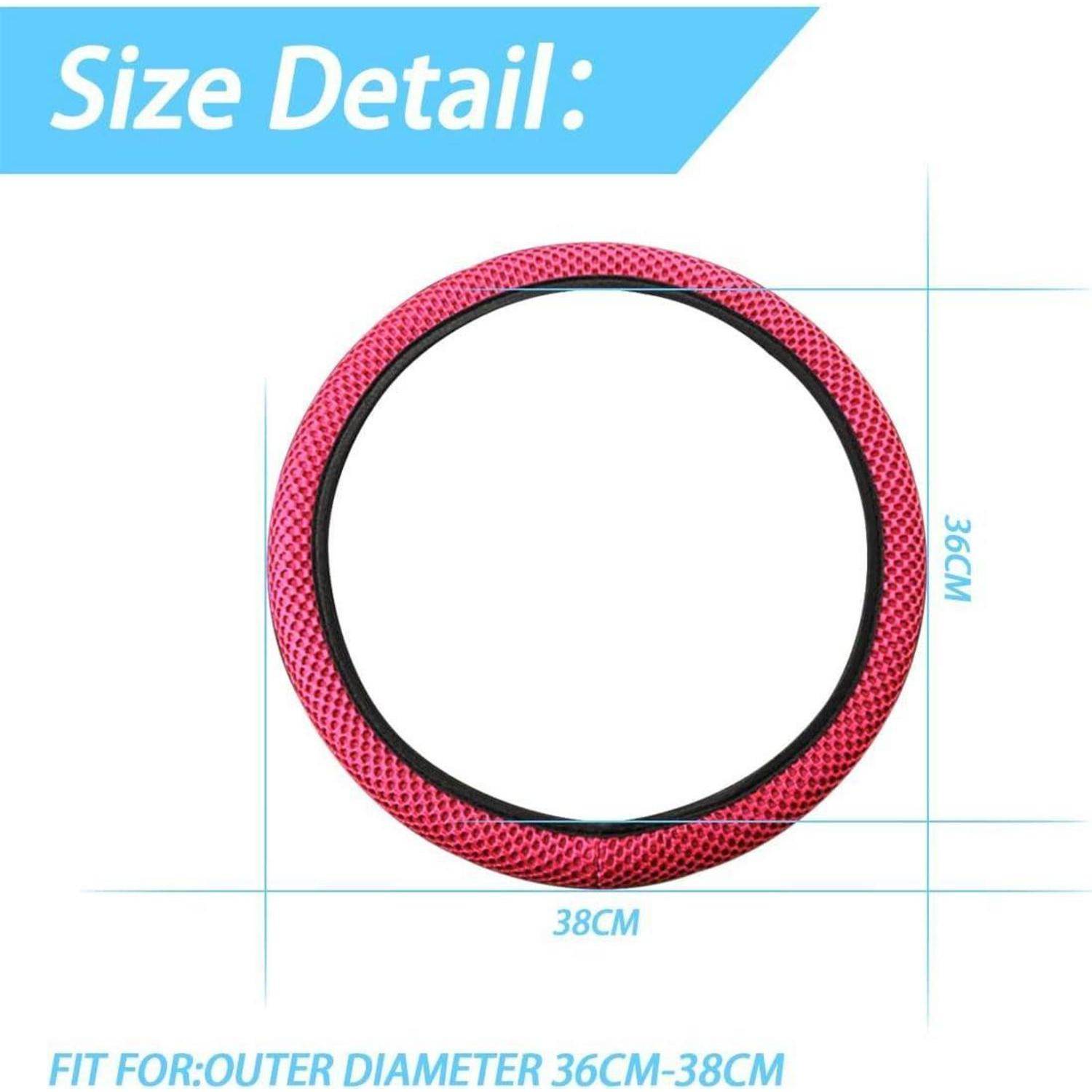 Größendetail-Grafik eines rosa Rings mit der Beschriftung 38 cm breit und 36 cm hoch; der Text besagt, dass er für einen Außendurchmesser von 36 cm bis 38 cm geeignet ist.