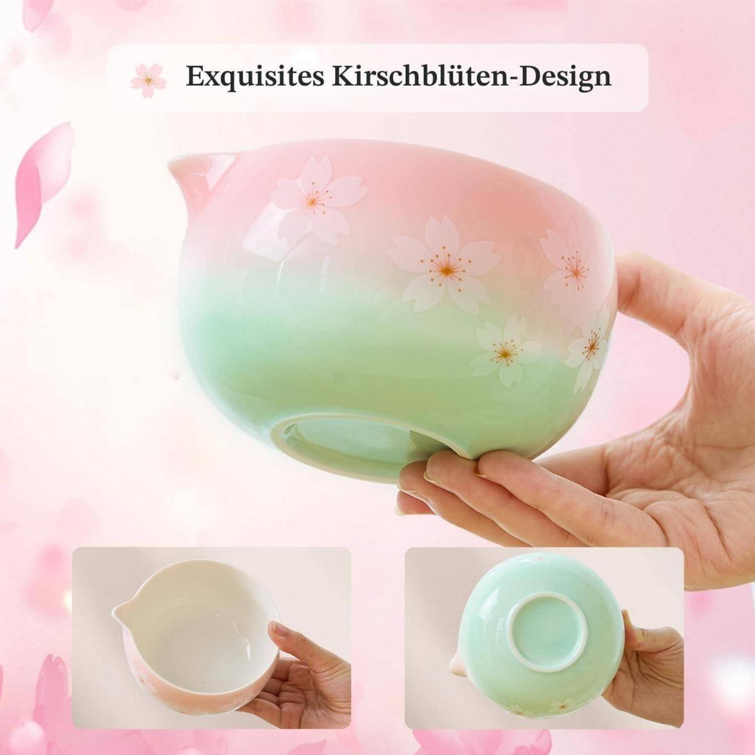 Pastellfarbene Keramiktasse mit Kirschblüten-Design, in der Hand gezeigt mit eingefügten Ansichten des Tasseninneren und des Bodens; gekennzeichnet mit „Exquisites Kirschblüten-Design".