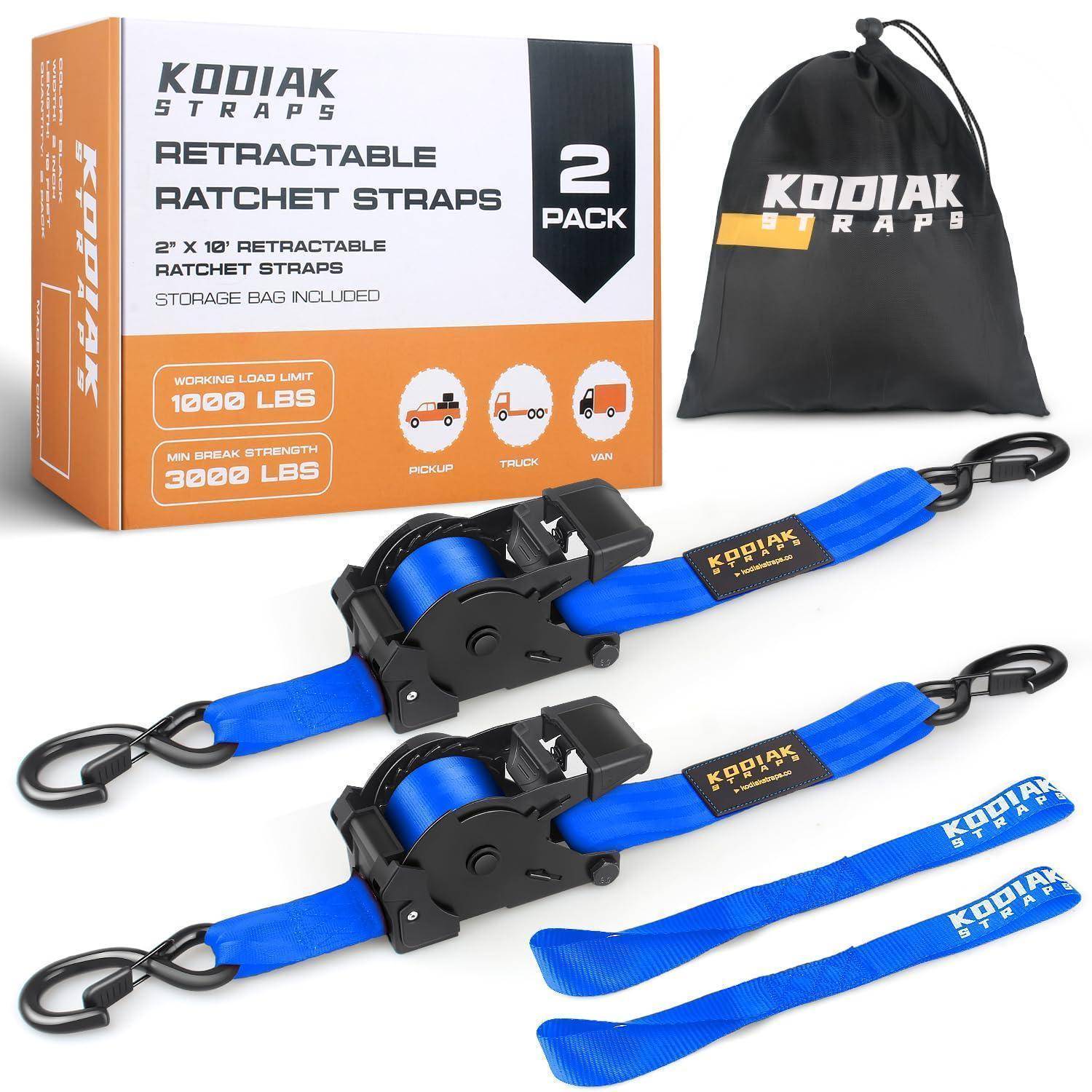 KODIAK aufrollbare Ratschengurte 2er-Pack mit Aufbewahrungstasche, dargestellt mit blauen Gurten und schwarzen Ratschenschnallen; Verpackung gibt eine zulässige Arbeitslast von 1.000 lb und eine Bruchfestigkeit von 3.000 lb an.