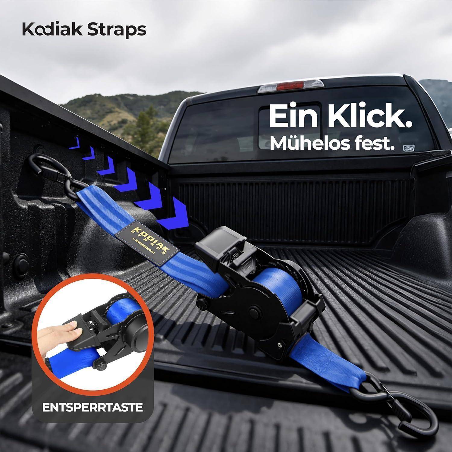 Kodiak Straps Ratschenschnallensystem in einer Pickup-Ladefläche, mit 