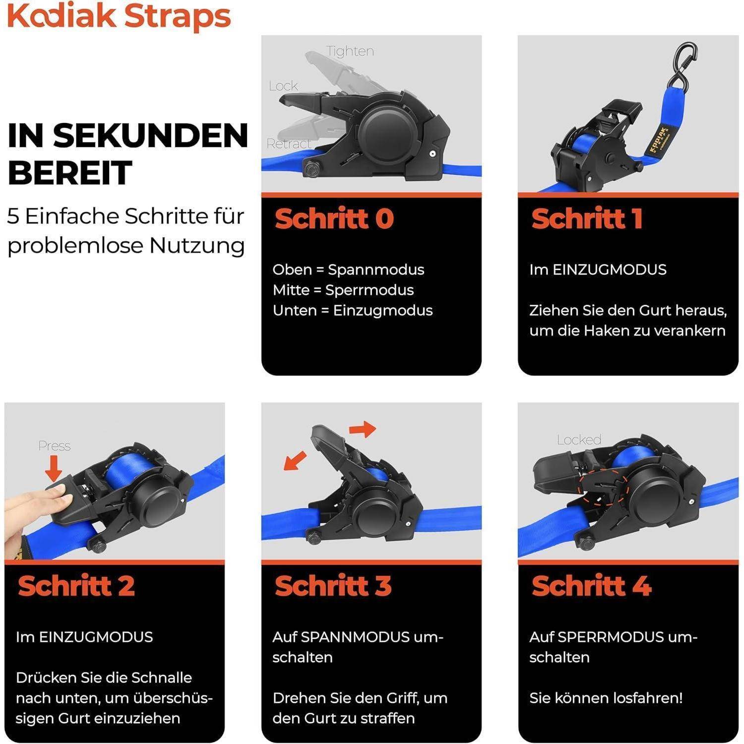 KODIAK STRAPS Automatik Spanngurte 50mm 3m mit S Haken | 1360KG Selbstaufrollend Spanngurte mit Ratsche | Zurrgurte mit Ratsche für LKW Anhänger, Mo