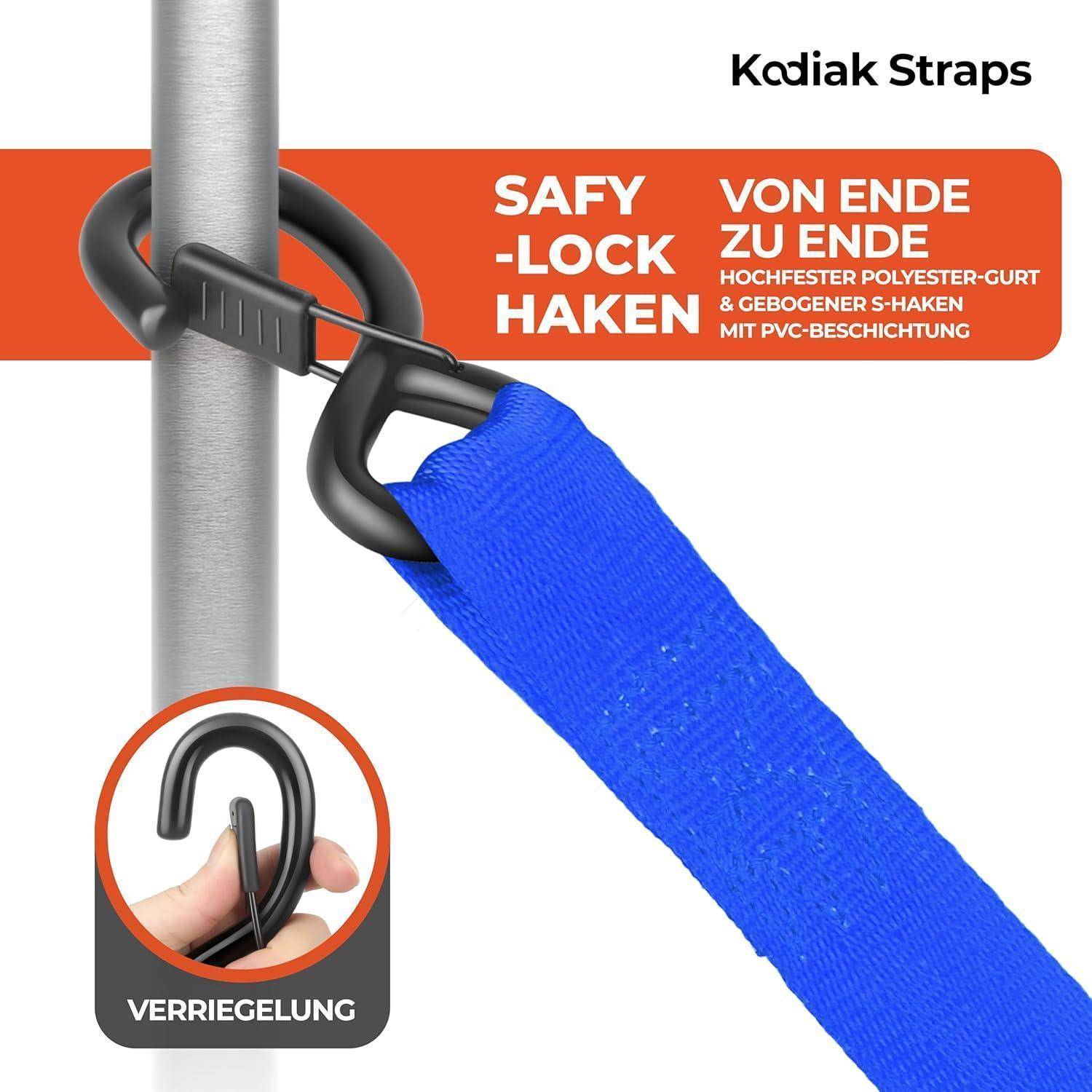 Illustration eines blauen Riemens mit einem Sicherheitshaken mit Verriegelung, der um einen Metallpfahl gewickelt ist, mit Ausschnitt, der den Hakensicherungsmechanismus und das Label 