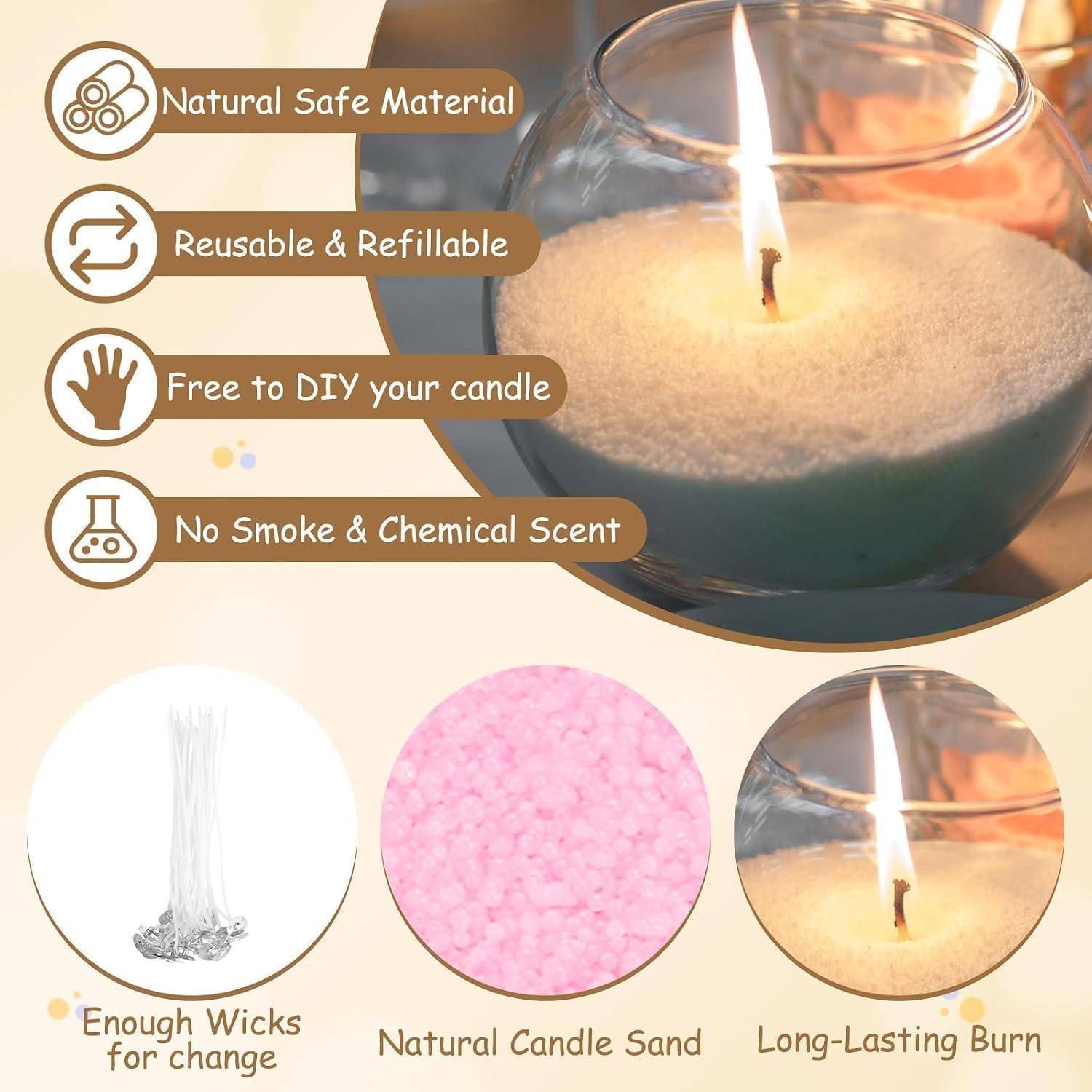 Werbegrafik für natürliches Kerzensand in einer Glasschüssel mit Flamme, mit Hervorhebung von „Natürliches sicheres Material