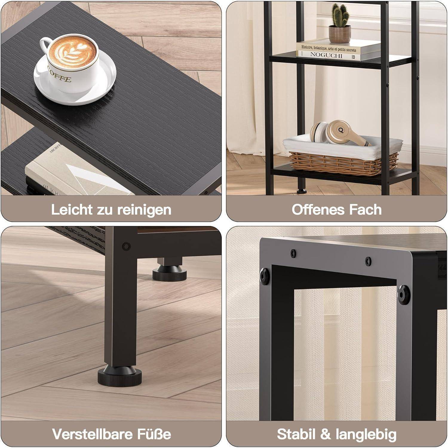 Vier-teiliges Produktbild eines schwarzen Regals/Tisches mit leicht zu reinigender Oberfläche, offenen Lagerfächern, verstellbaren Füßen und robuster Konstruktion.