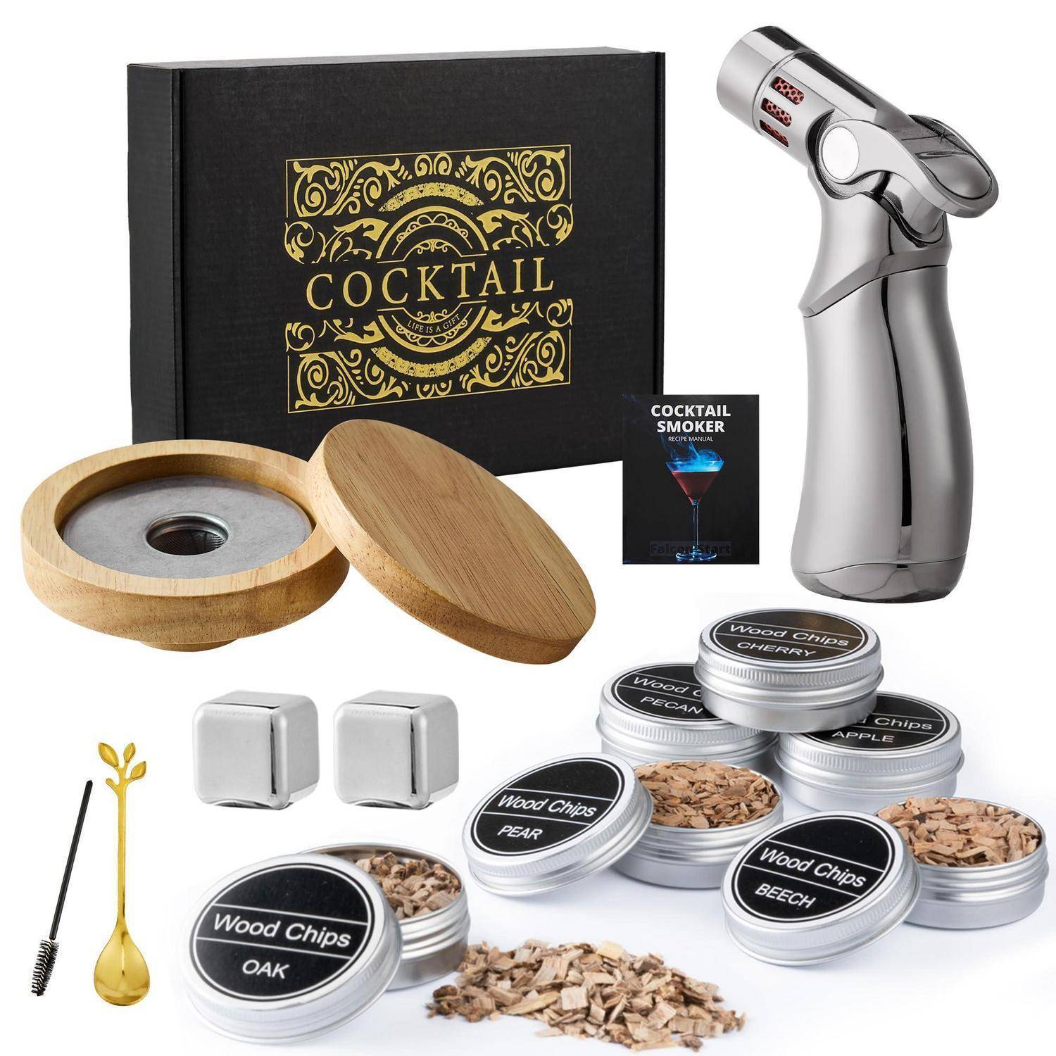 Cocktail-Raucher-Set mit Fackel, hölzernem Rauchdom, Metallbechern, Holzchips-Dosen und Reinigungsbürste in einer Geschenkbox.