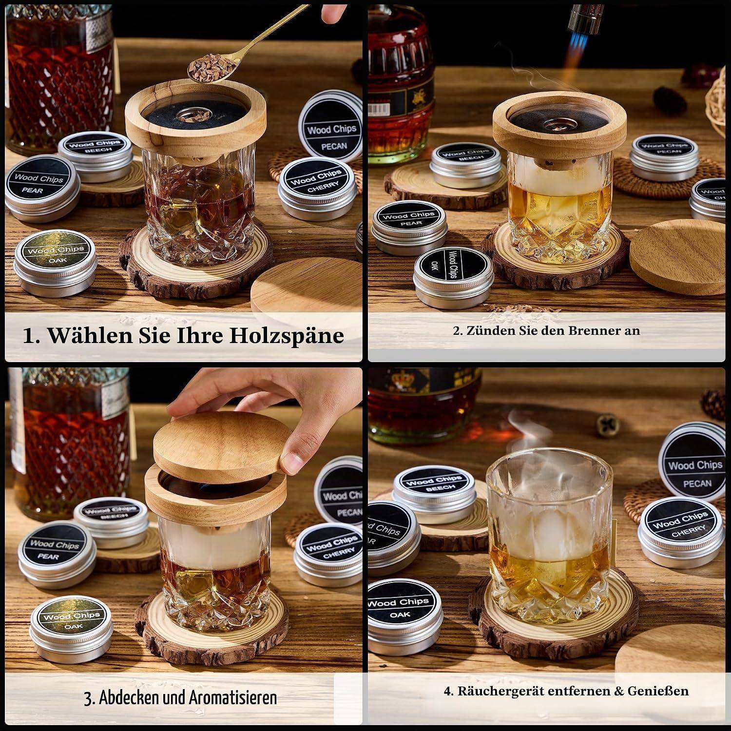 Vierschritt-Collage zeigt die Verwendung eines Whiskey-Smokers: Holzspäne hinzufügen, den Brenner anzünden, das Glas abdecken, dann den Smoker entfernen und genießen.
