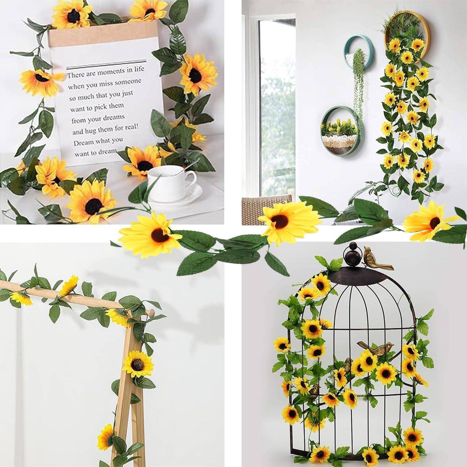 Collage aus Sonnenblumengirlanden, die ein gerahmtes Zitat, Wandspiegel, eine Holzleiter und einen Vogelkäfig dekorieren und dekorative Blumenwohnaccessoires zeigen.