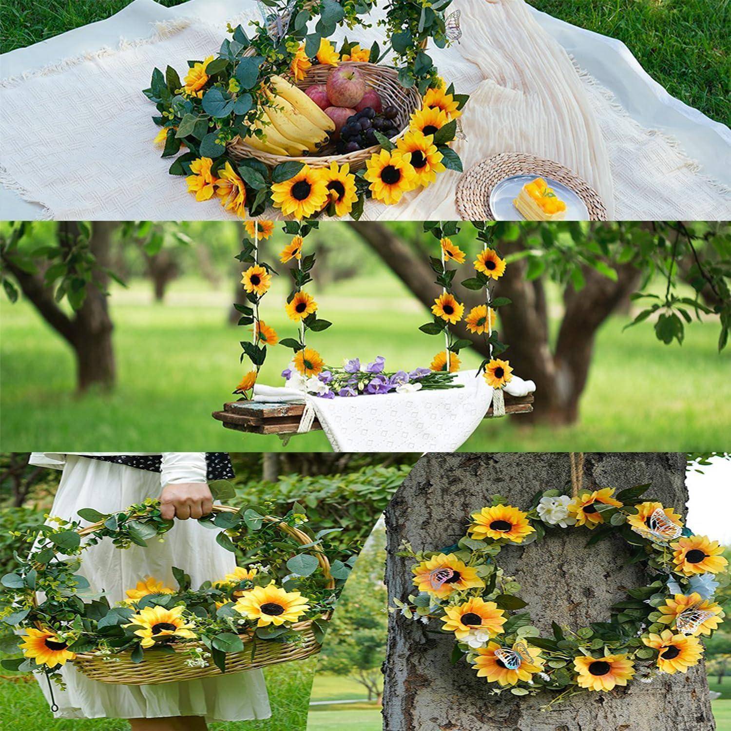 Collage aus sonnenblumendekorierten Picknickörben und einer hängenden Schaukel in einem Garten, plus einem Blumenkranz an einem Baum.