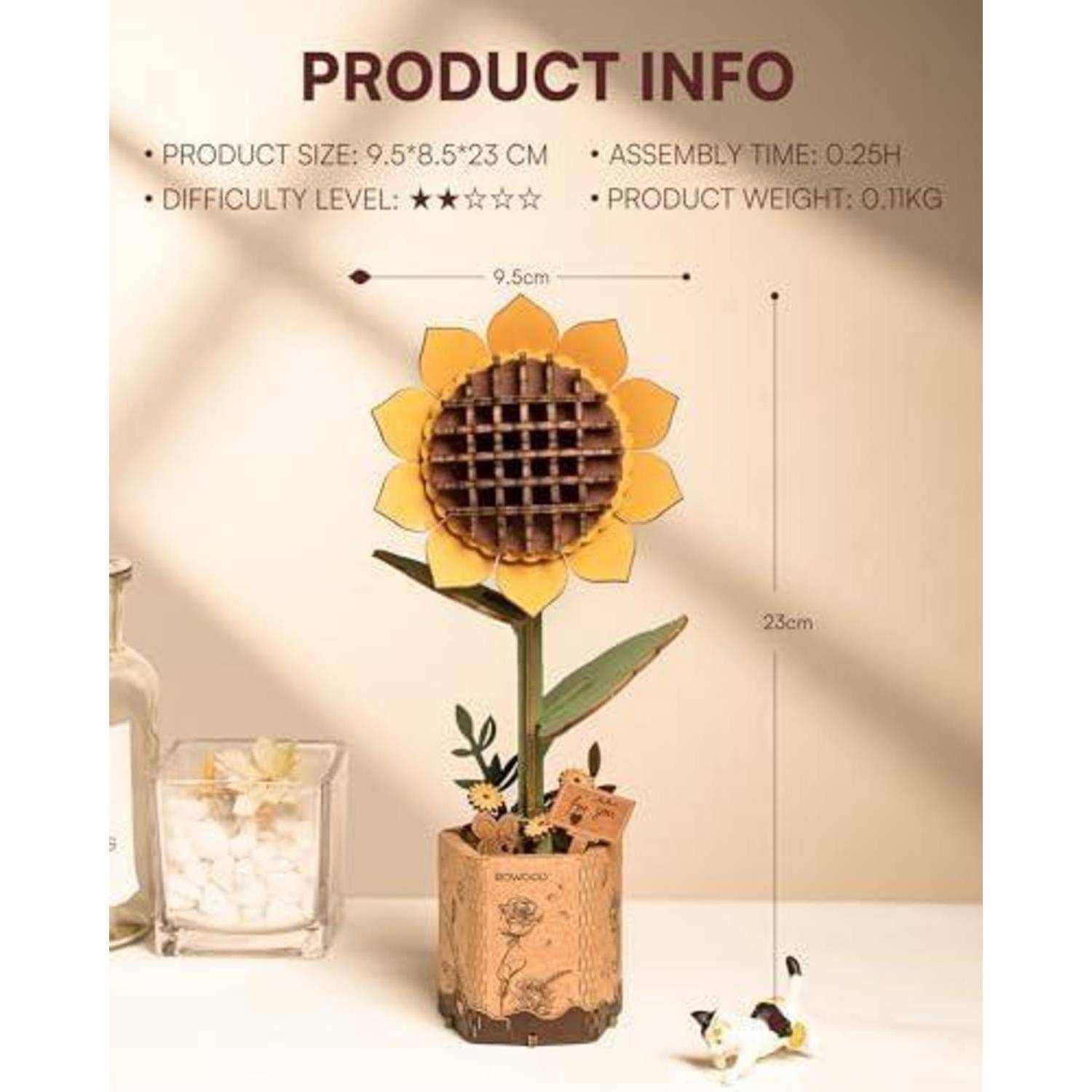 Produktinformationsbild mit einem sonnenblumenförmigen Holzhandwerk-Modell in einem Topf, gekennzeichnet mit Größe 9,5 x 8,5 x 23 cm, Zusammenbauzeit 0,25 h, Schwierigkeitsgrad 3/5, Gewicht 0,11 kg.