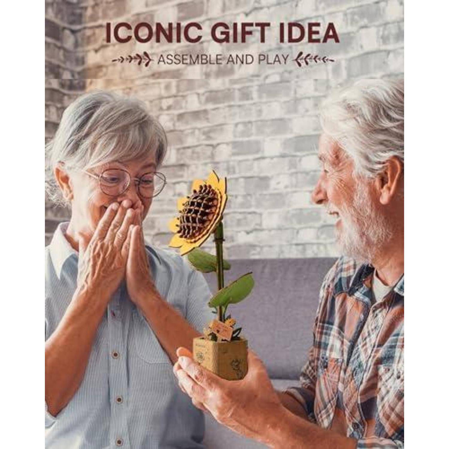Älteres Paar lächelt, während der Mann ein kleines zusammengebautes Sonnenblumen-Handwerk präsentiert; Text lautet „IKONISCHE GESCHENKIDEE" und „ZUSAMMENBAUEN UND SPIELEN"".