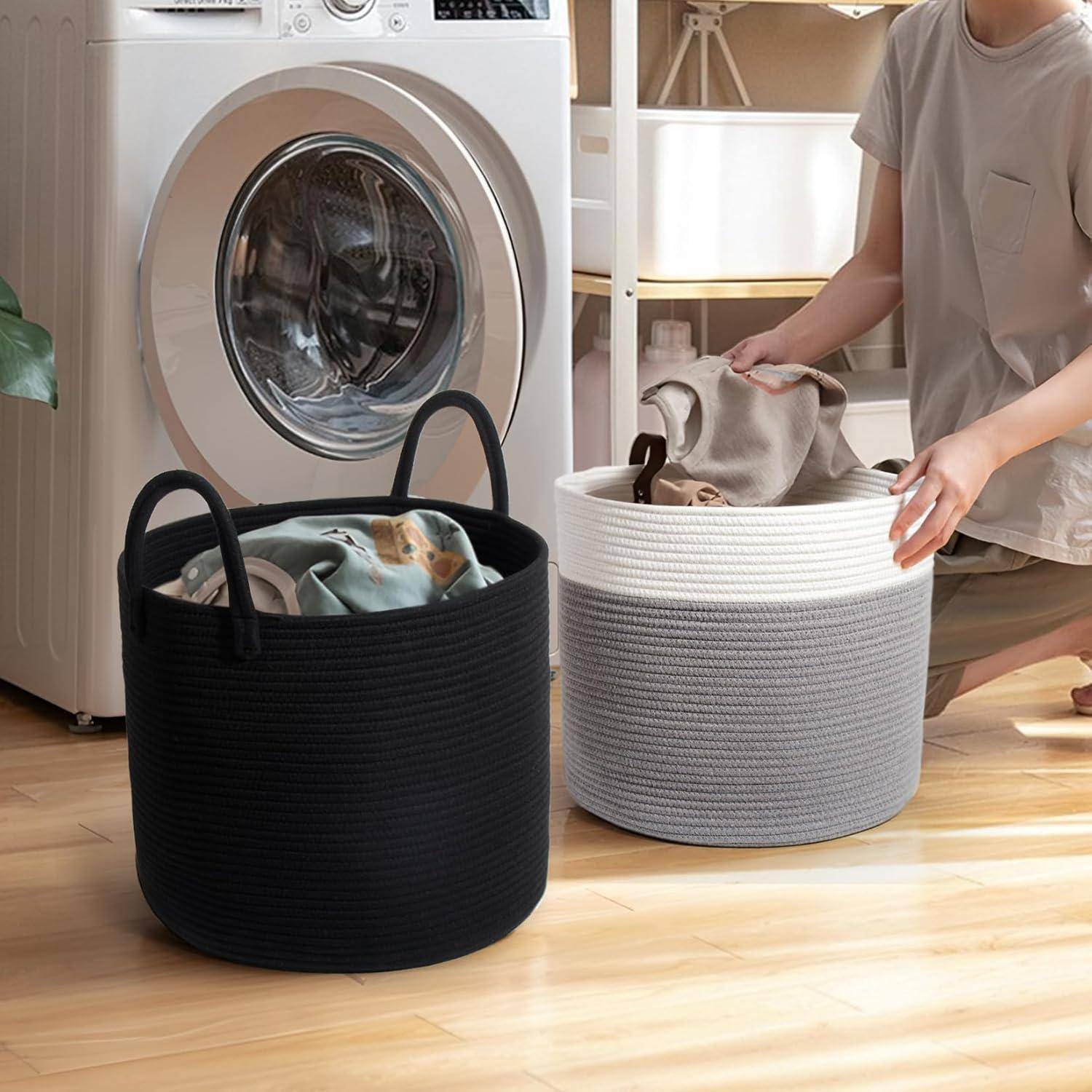 SYLANDO D40*H34cm Waschekorb aus Baumwolle mit Griffen, Aufbewahrungskorb Geflochten, Laundry Baskets, Korb Aufbewahrung für decken, spielzeug