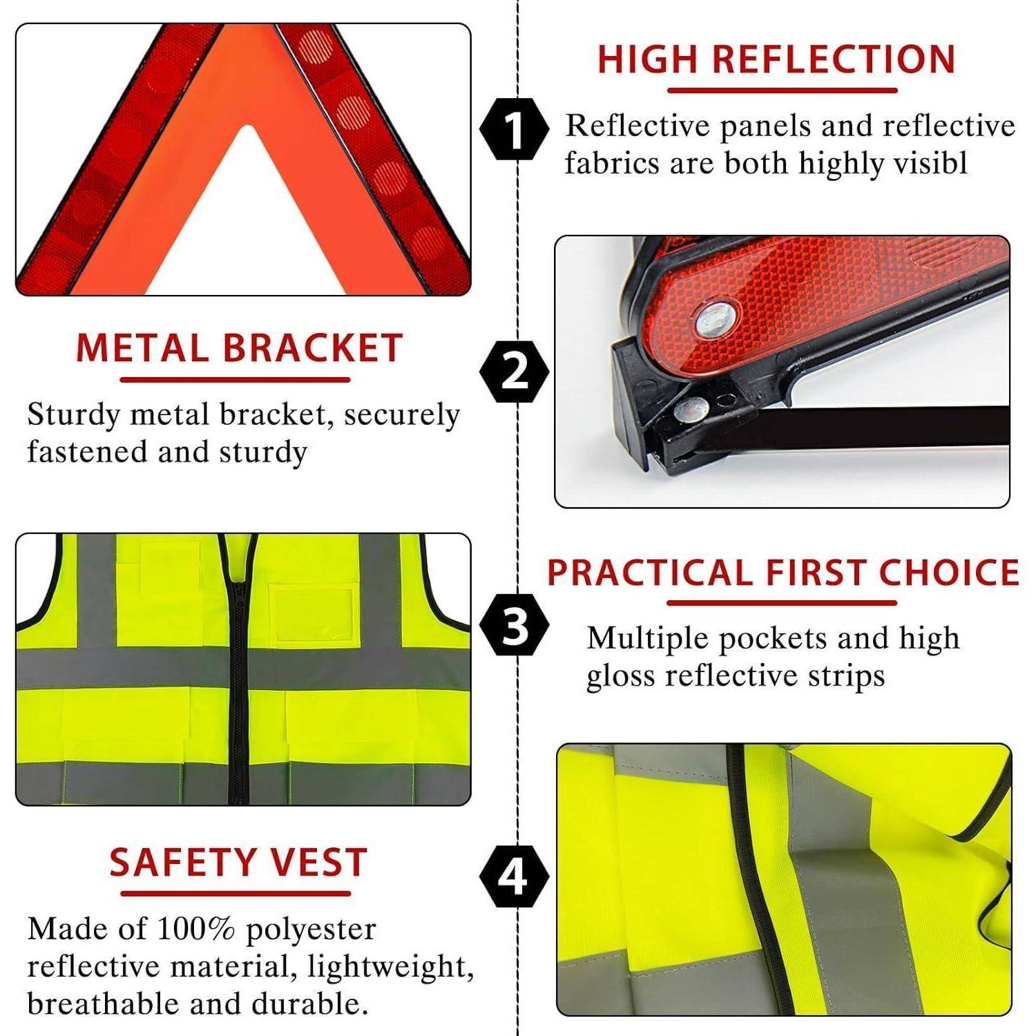 Infografik einer reflektierenden Sicherheitsweste mit Metallhalterung, hochreflektierendem Stoff, mehreren Taschen und hochglänzenden reflektierenden Streifen.