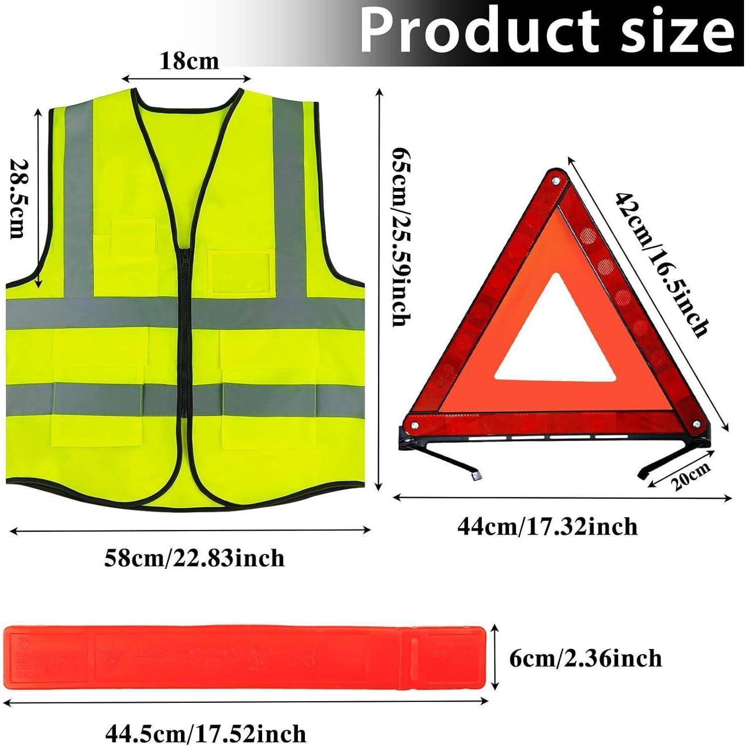 Produktgrößendiagramm mit einer Warnweste mit hoher Sichtbarkeit, einem Warndreieck und einem roten Sicherheitsstab mit beschrifteten Abmessungen in cm und Zoll.