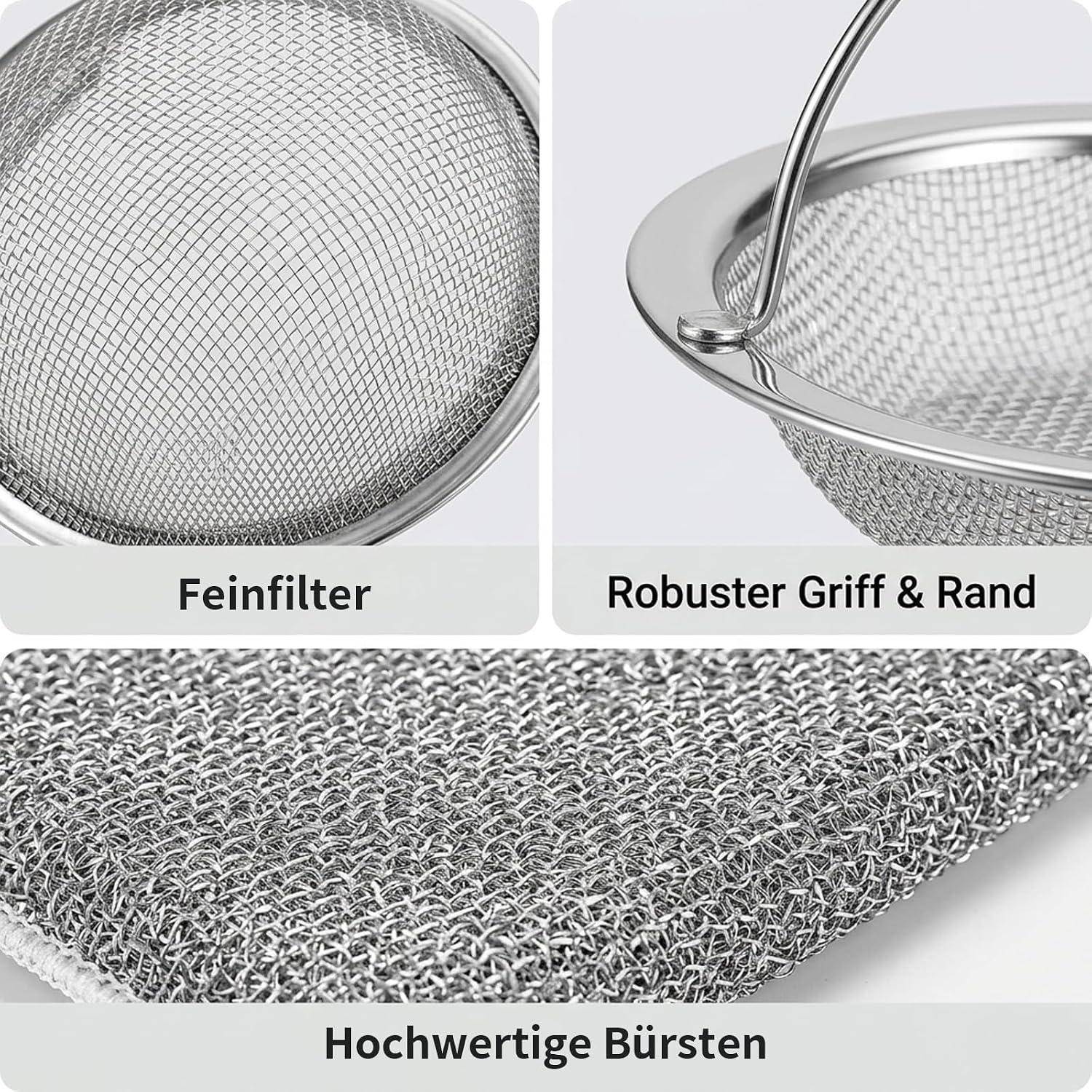 Produktnahaufnahme eines Metallsiebfilters mit feinem Filtersieb, stabilem Griff und Rand sowie hochwertigen Borsten; Beschriftungen in Deutsch heben Merkmale hervor.