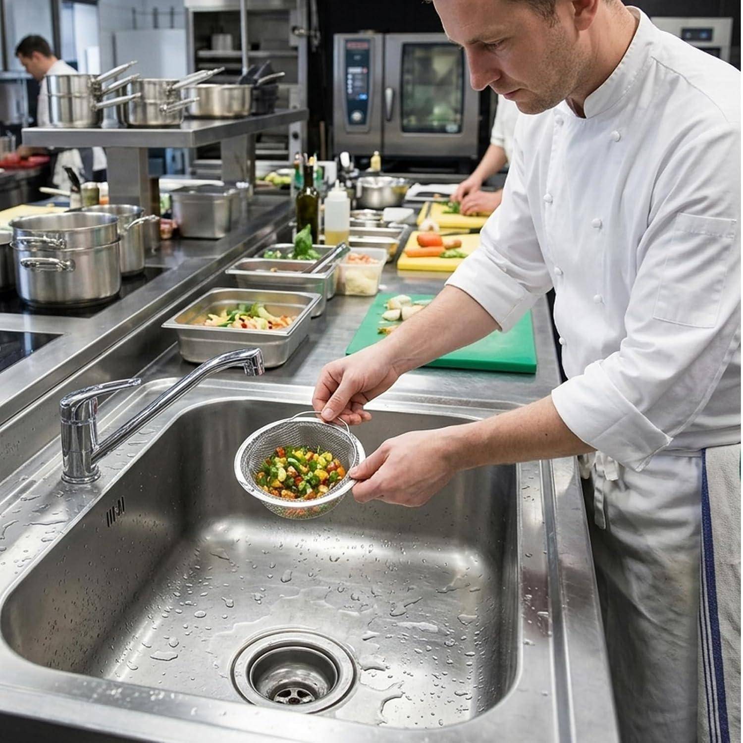Küchenchef in einer professionellen Küche spült gehackte Gemüse in einer Schüssel über einem Spülbecken, mit Kochgeschirr und Arbeitsstationen hinter ihm.